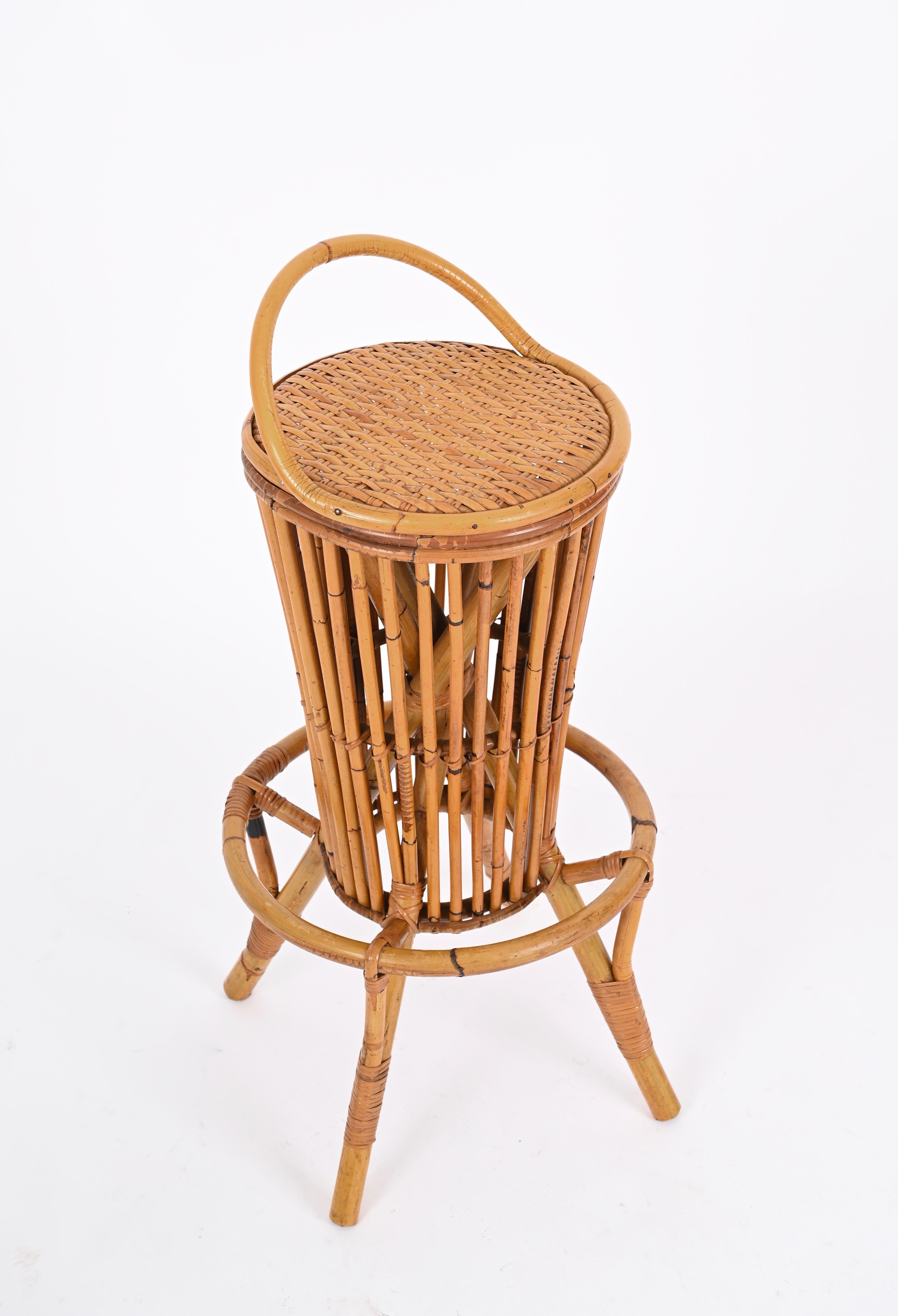 Dry Bar with Two Stools in Rattan, Bamboo and Wicker by Tito Agnoli, Italy 1950s For Sale 11