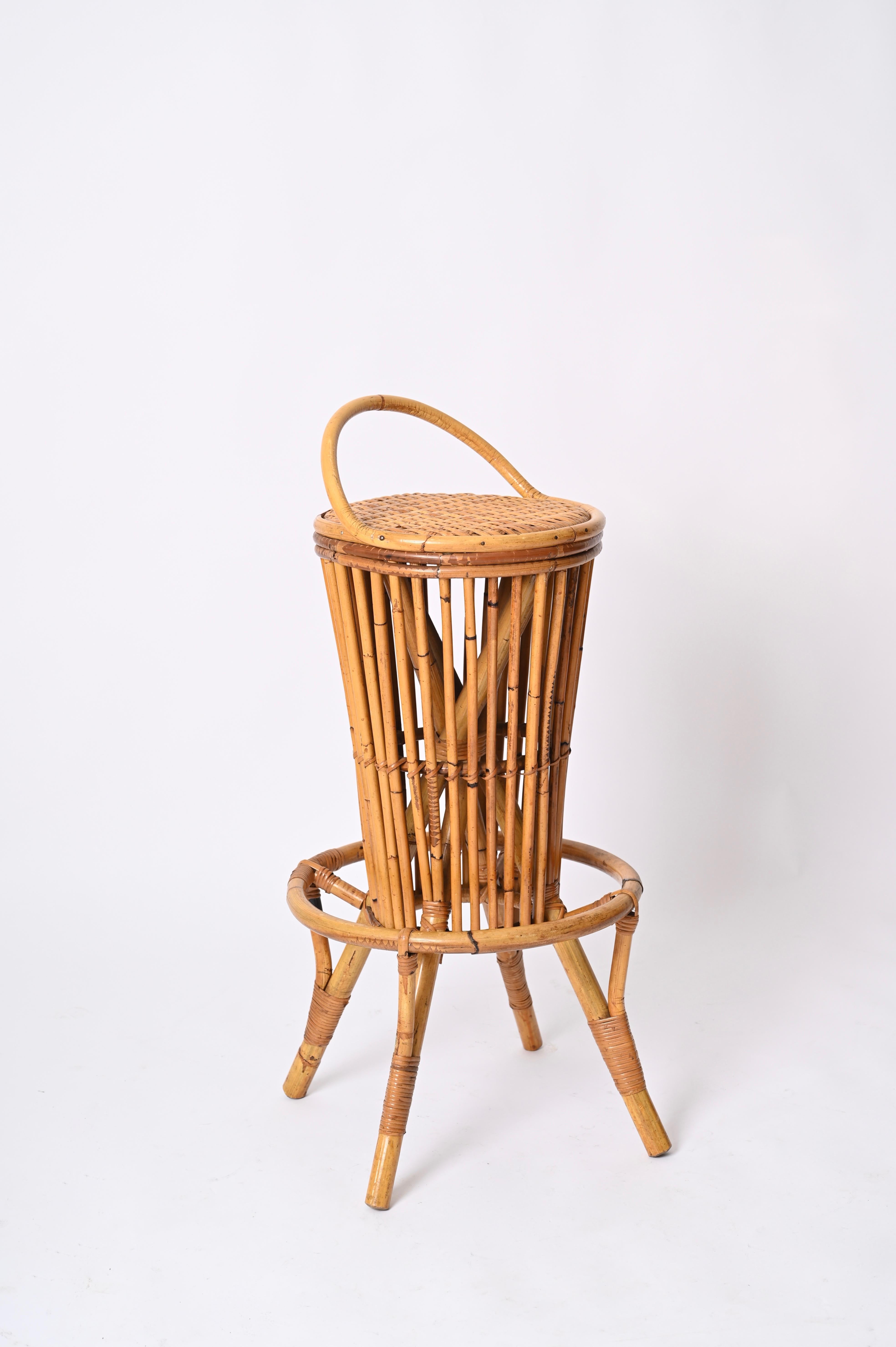 Dry Bar with Two Stools in Rattan, Bamboo and Wicker by Tito Agnoli, Italy 1950s For Sale 12
