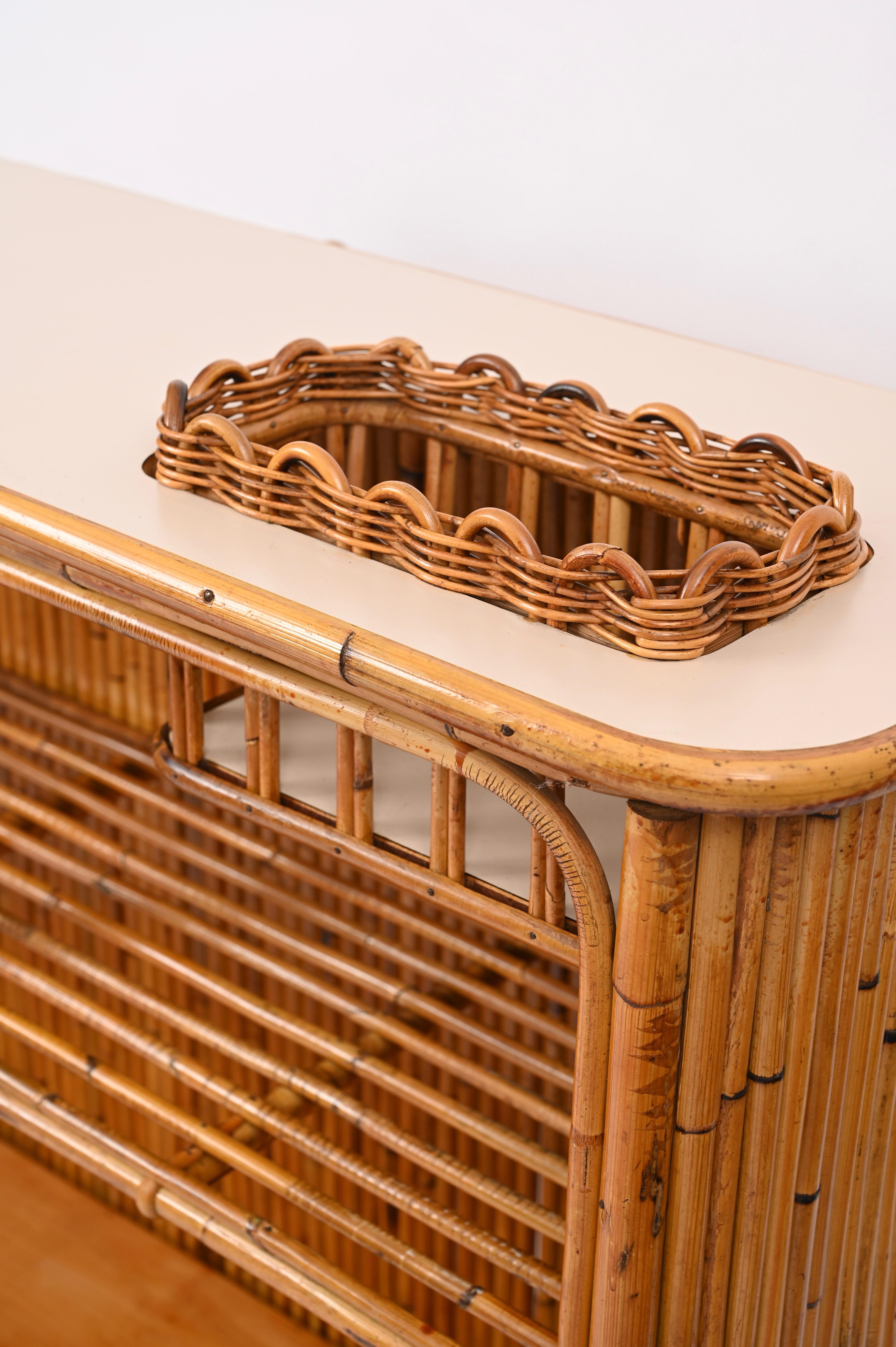 Italian Dry Bar with Two Stools in Rattan, Bamboo and Wicker by Tito Agnoli, Italy 1950s For Sale