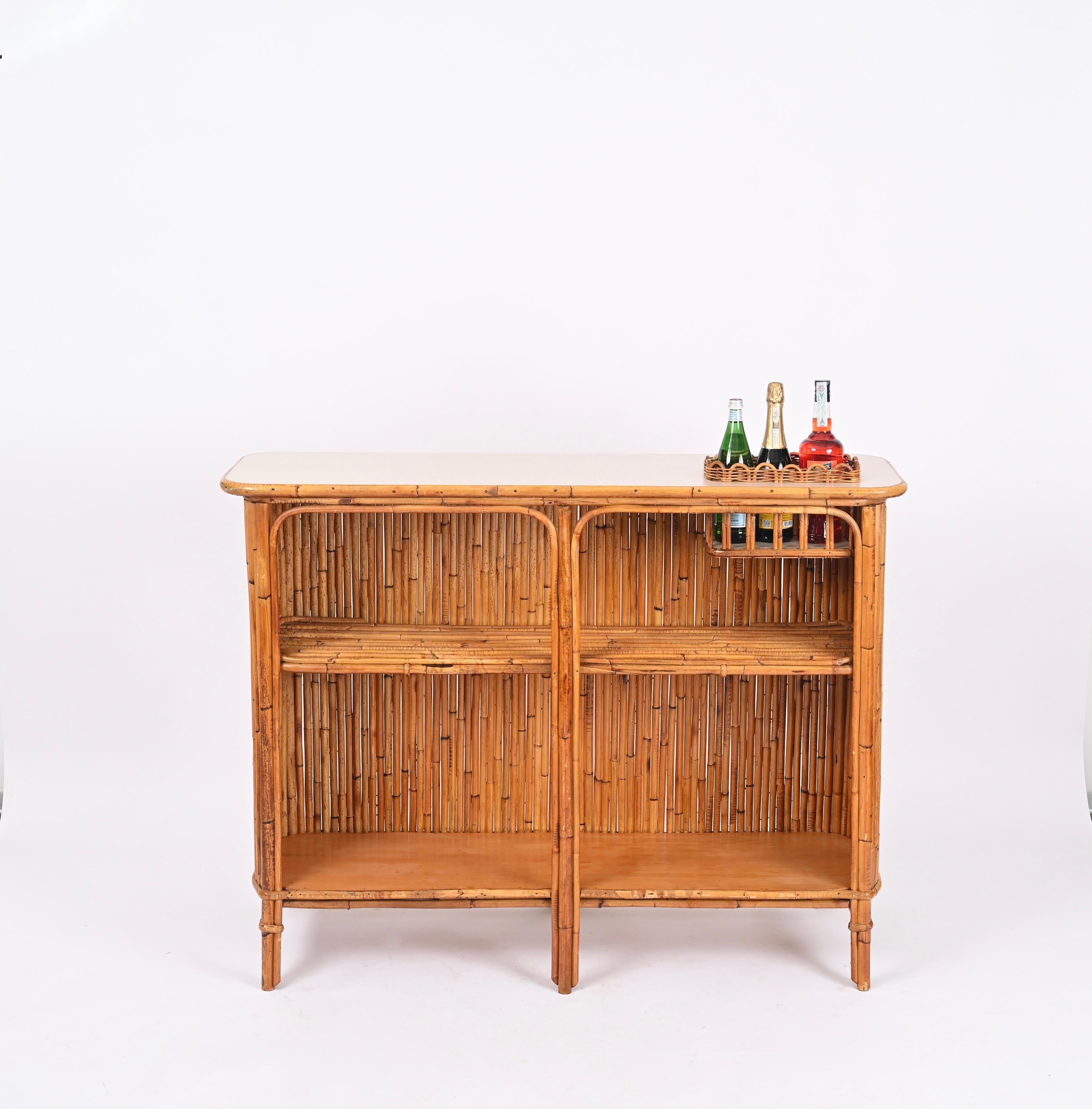 Dry Bar with Two Stools in Rattan, Bamboo and Wicker by Tito Agnoli, Italy 1950s For Sale 1