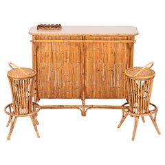 Antique Dry Bar with Two Stools in Rattan, Bamboo and Wicker by Tito Agnoli, Italy 1950s