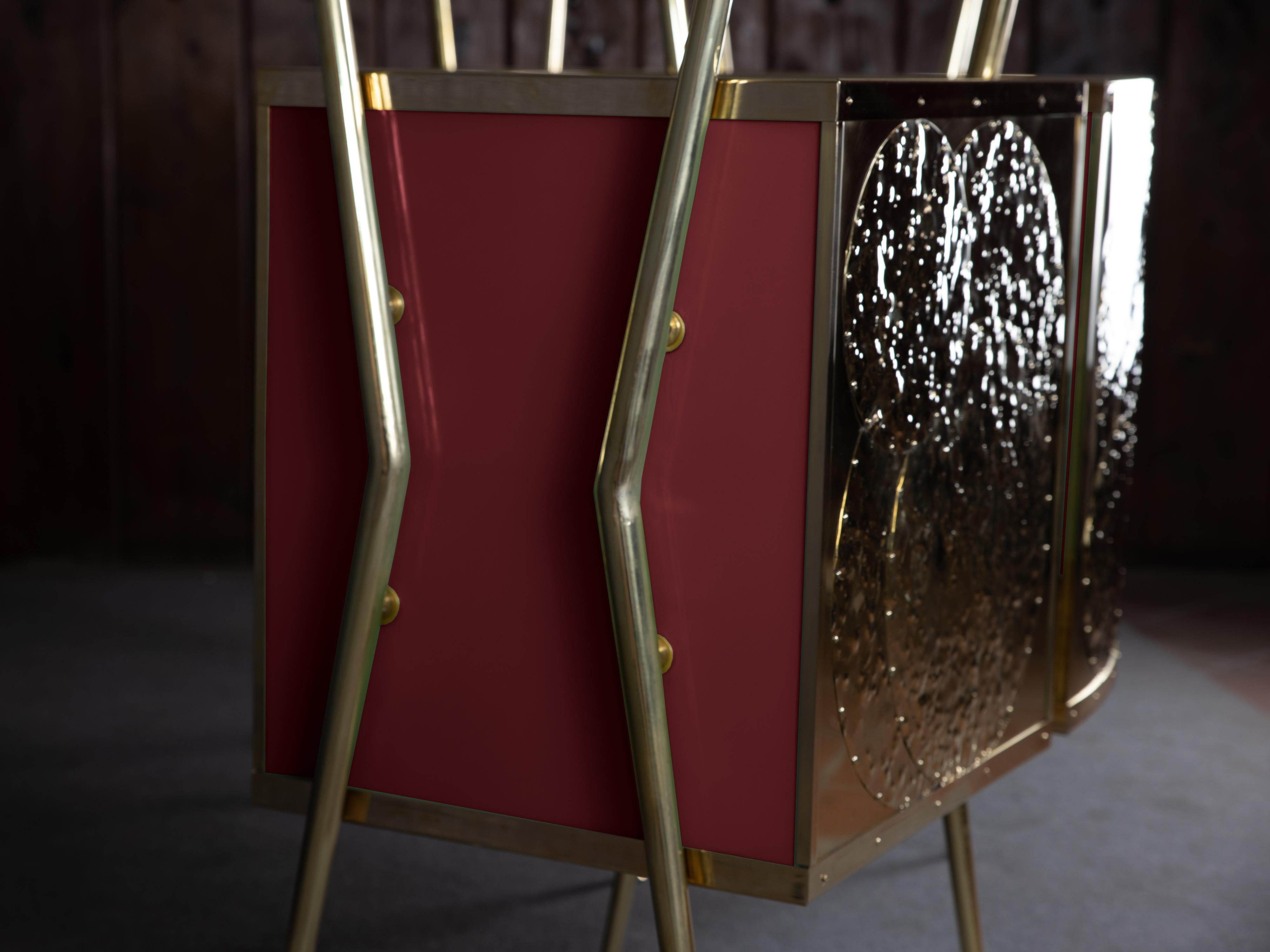 Welded Gio Ponti-Inspired Red Murano Glass & Brass Dry Bar: A Touch of Italian Elegance For Sale