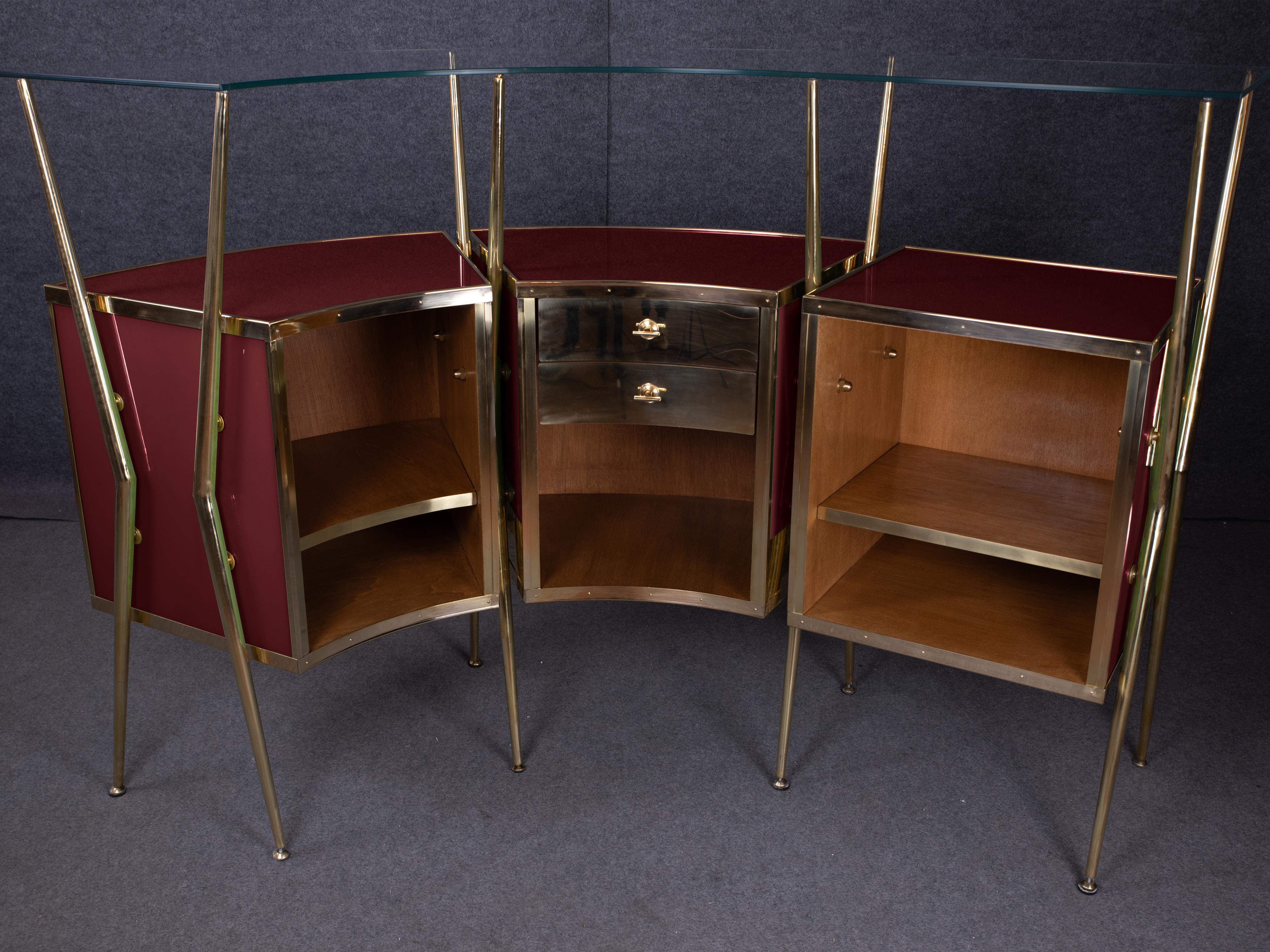 Contemporary Gio Ponti-Inspired Red Murano Glass & Brass Dry Bar: A Touch of Italian Elegance For Sale