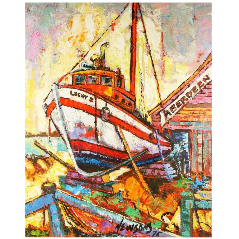Late 20th Century Drydock  Nautical Painting by Newsom
