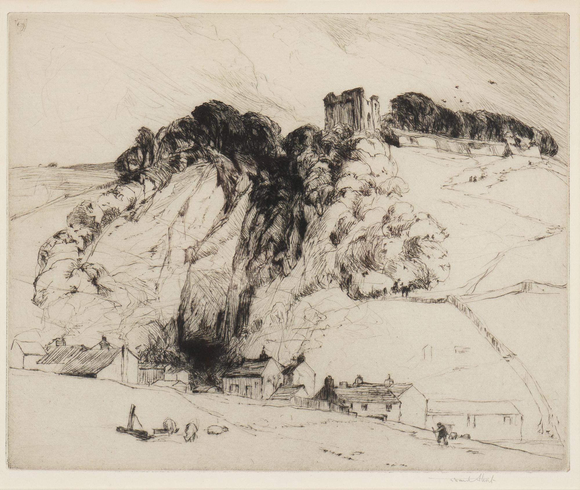 Drypoint landscape etching on paper of Penerils Castle, Derbyshire, England. The etching is loose and expressive, with the castle looming above the village below and a small figure in the foreground.

Signed in graphite, lower right: Frank