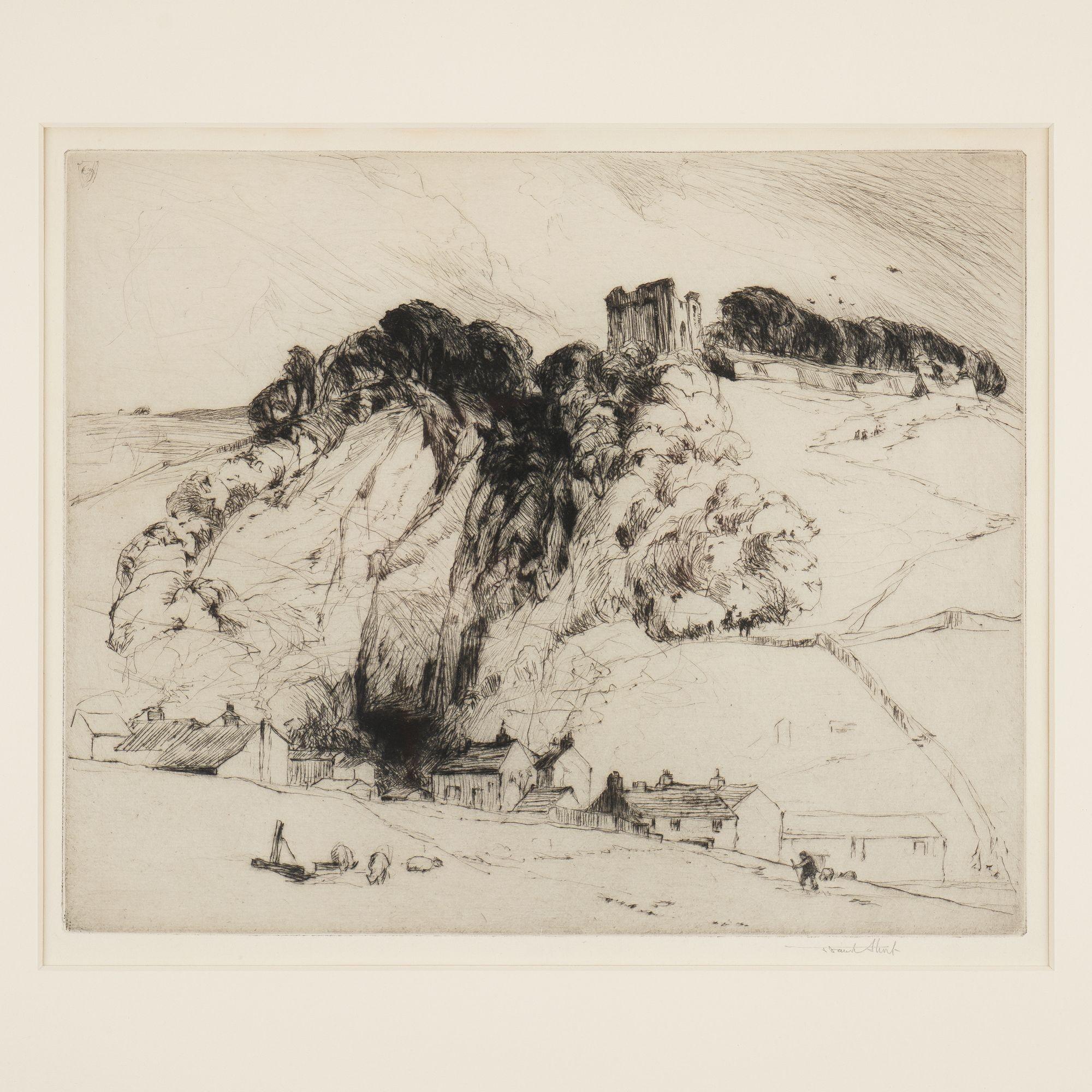 Britannique Gravure à la pointe sèche du château de Penerils, Derbyshire, Angleterre par Frank Short, vers 1900 en vente