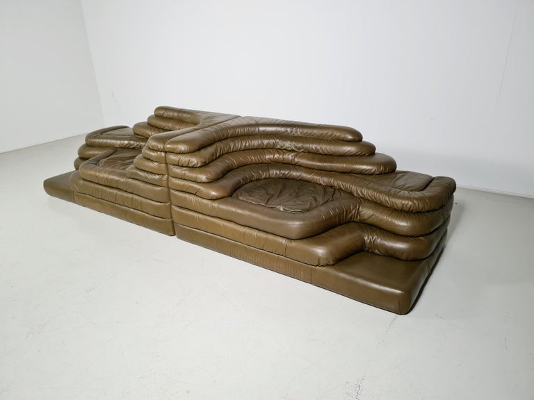 Set of two DS-1025 Terrazza landscape sofa elements in the original olive green leather. By Ubald Klug for De Sede in the 1970s. The design of this sofa was inspired by waves, waterfalls, and rock Formations which are clearly visible in the layering