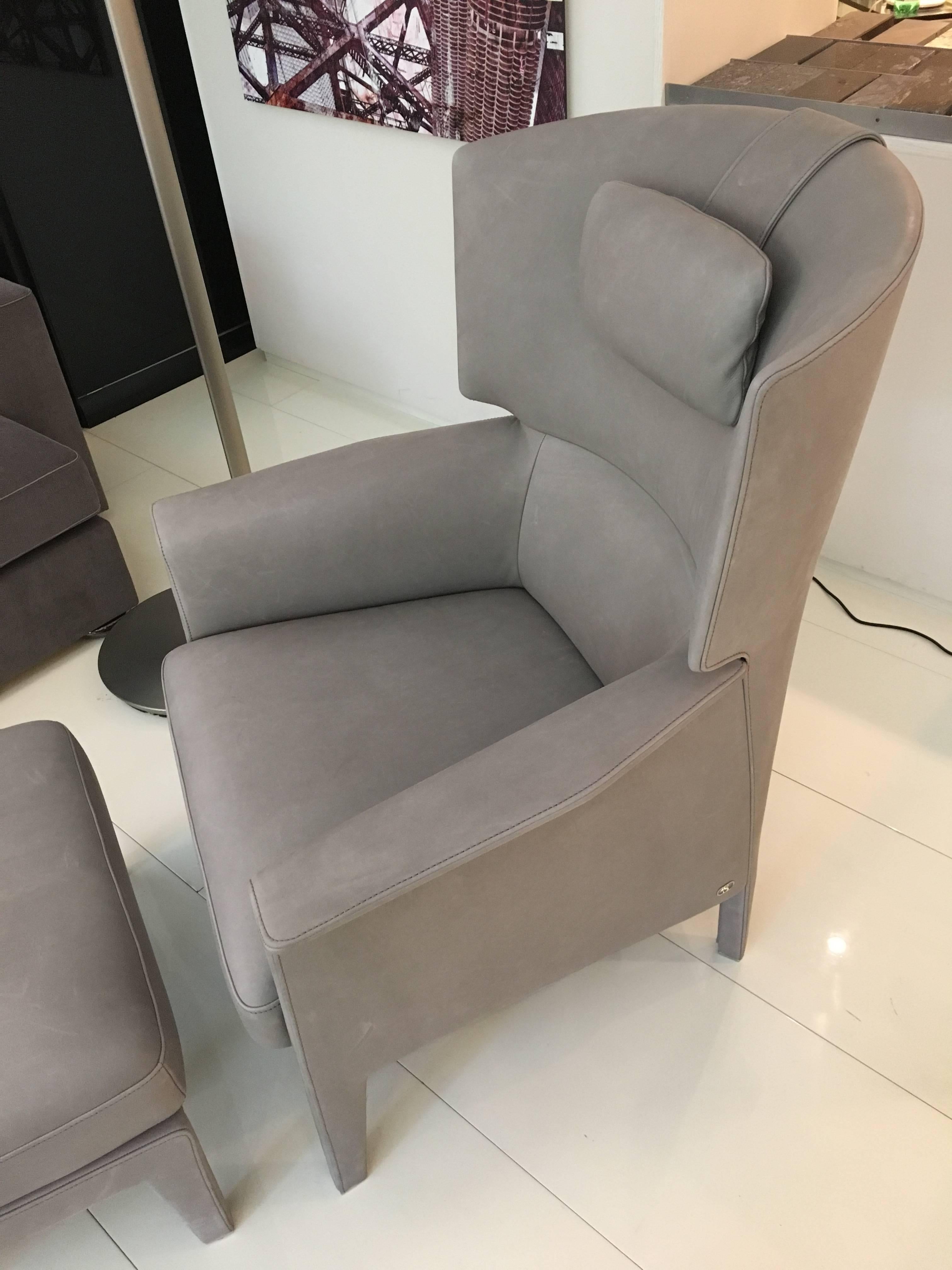 grey leather wingback chair