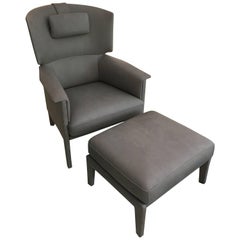 DS-168 Light Grey Leather Wingback Armchair and Ottoman by De Sede