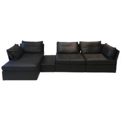 DS-19 Black Leather Modular Sectional Sofa with Black Oak Table by De Sede