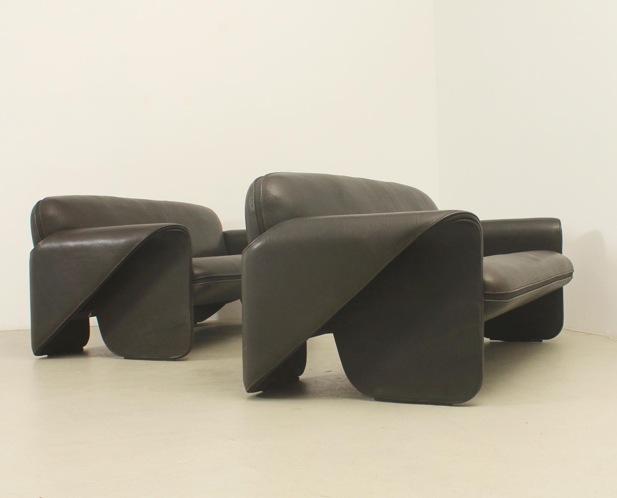 Sofapaar DS125, entworfen 1978 vom deutschen Designer Gerd Lange für De Sede, Schweiz. Skulpturales Design in dickem, hochwertigem Büffelleder in Dunkelbraun. 