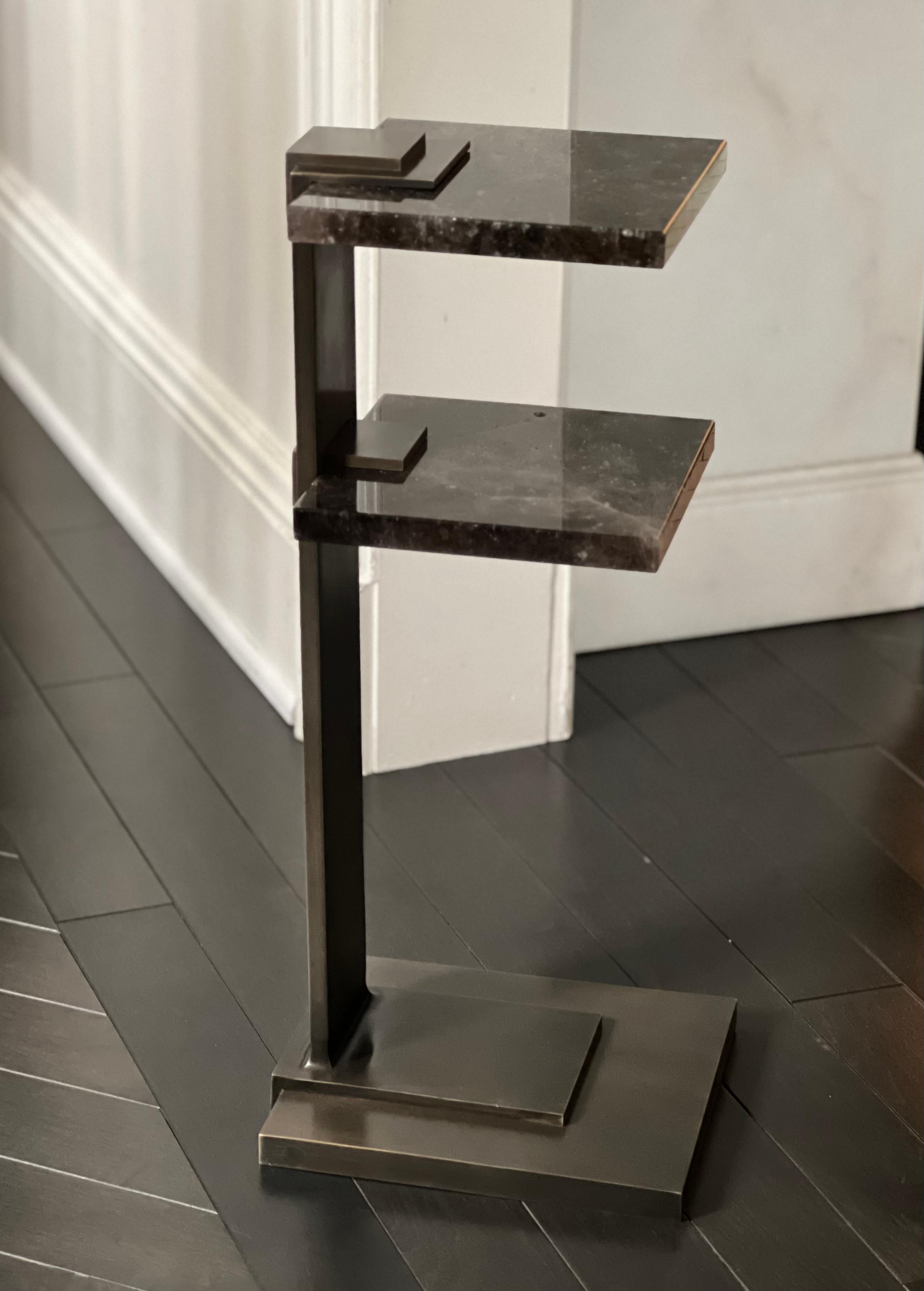 DSD Rock Crystal Drinking Table with two smoky rock crystal shelves.
Aged brass finish. Created By Phoenix Gallery.
Custom size upon request.
