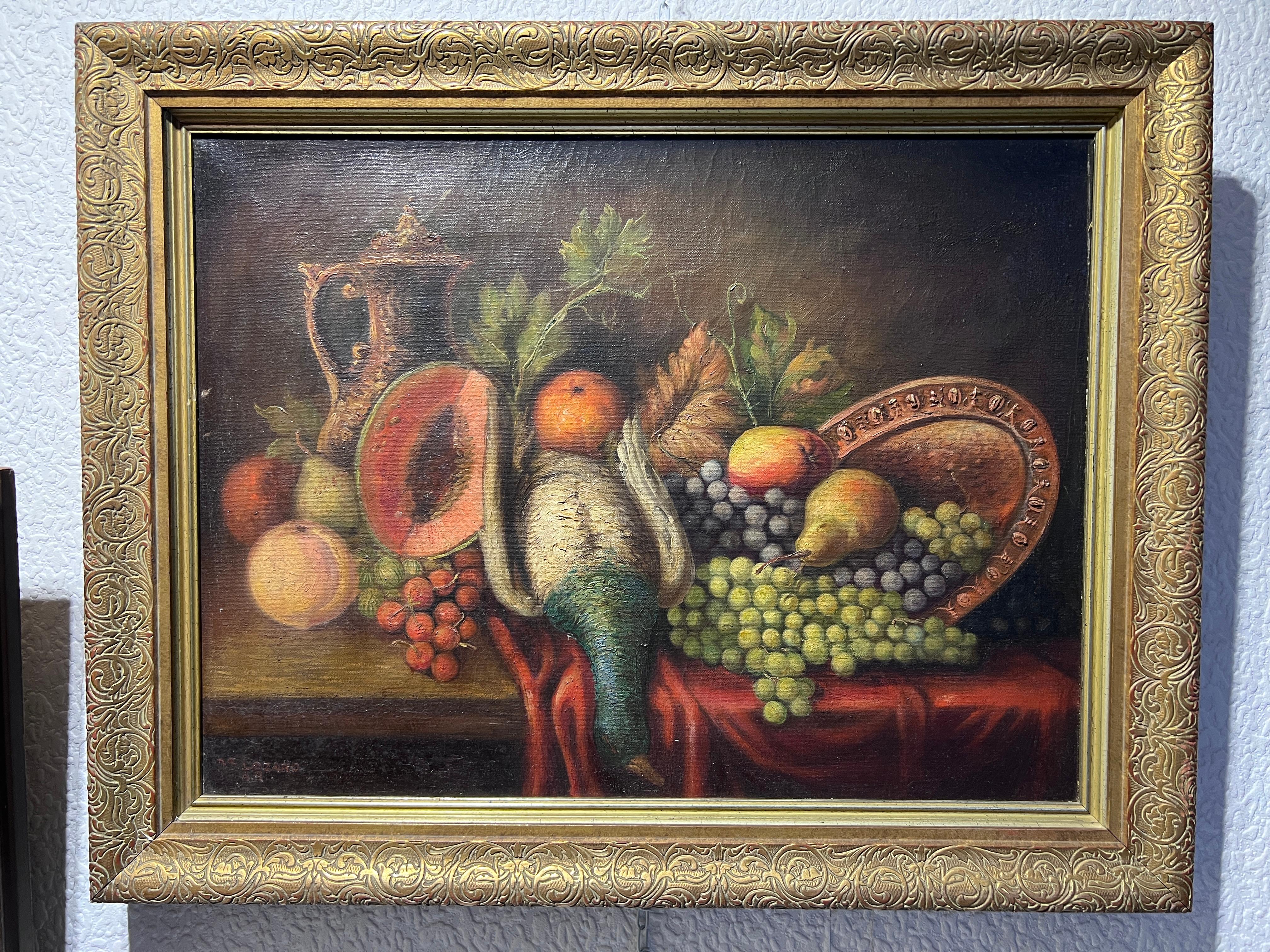Up for sale is a beautiful original vintage oil painting on canvas depicting a sumptuously detailed still life oil painting, featuring a diverse arrangement of fruits and a deceased duck, carefully composed to evoke the transience of life and the