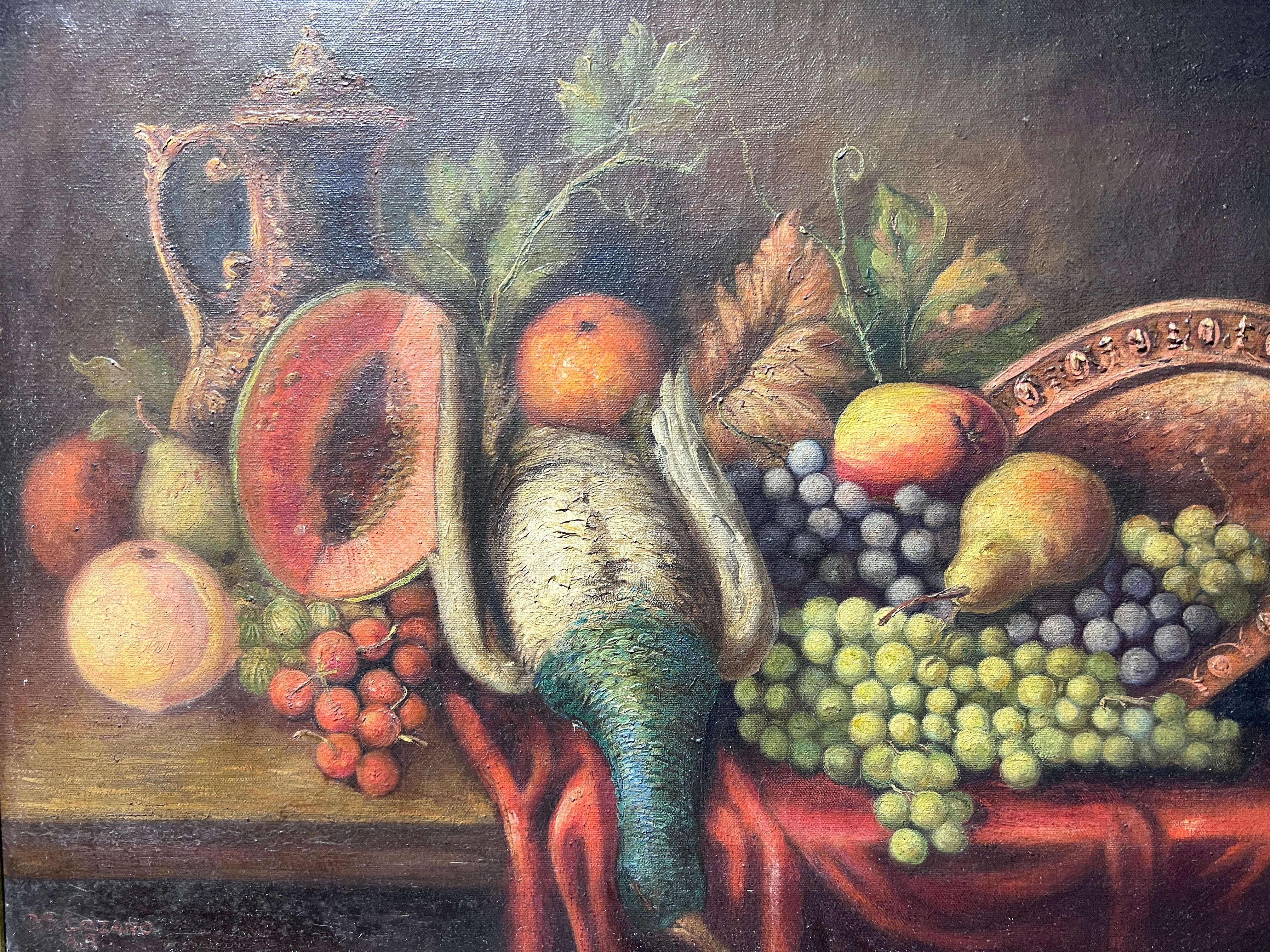 D.S. Lozano Vintage Oil Painting on canvas, Still Life of Died duck and fruits For Sale 1