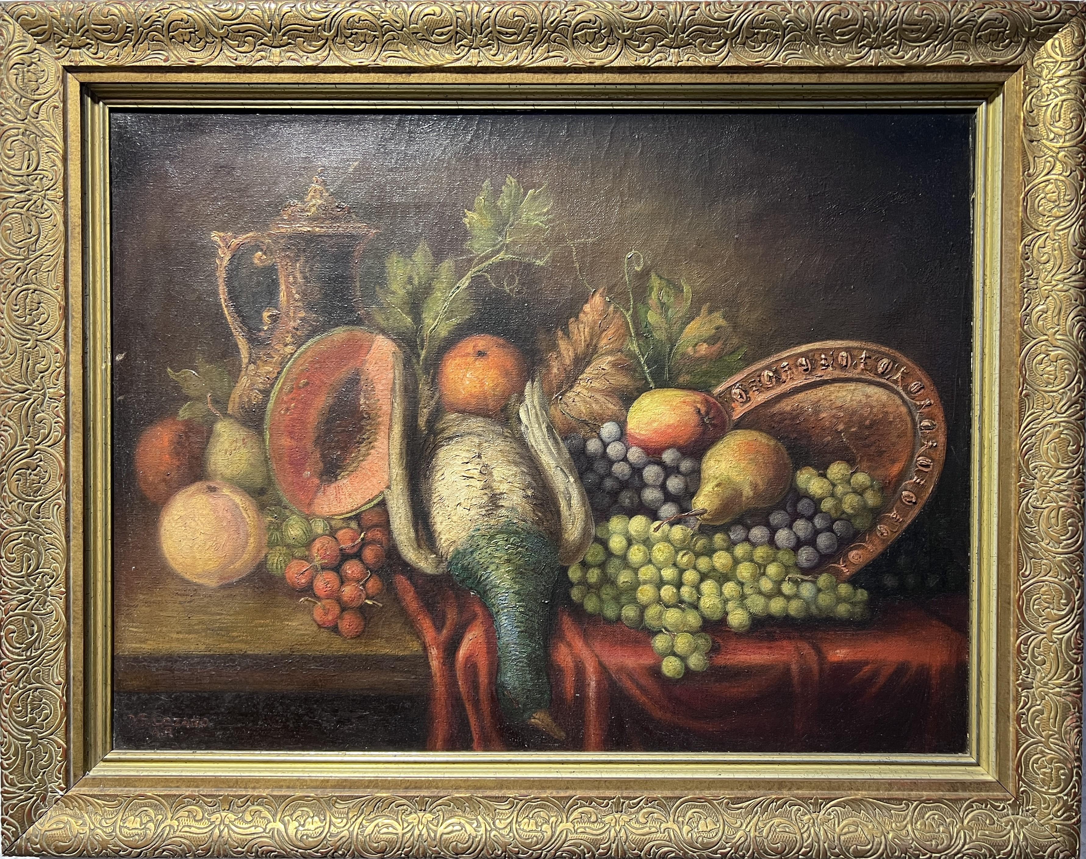 D.S.Lozano Landscape Painting - D.S. Lozano Vintage Oil Painting on canvas, Still Life of Died duck and fruits