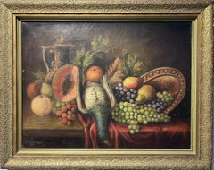 D.S. Lozano Retro Oil Painting on canvas, Still Life of Died duck and fruits