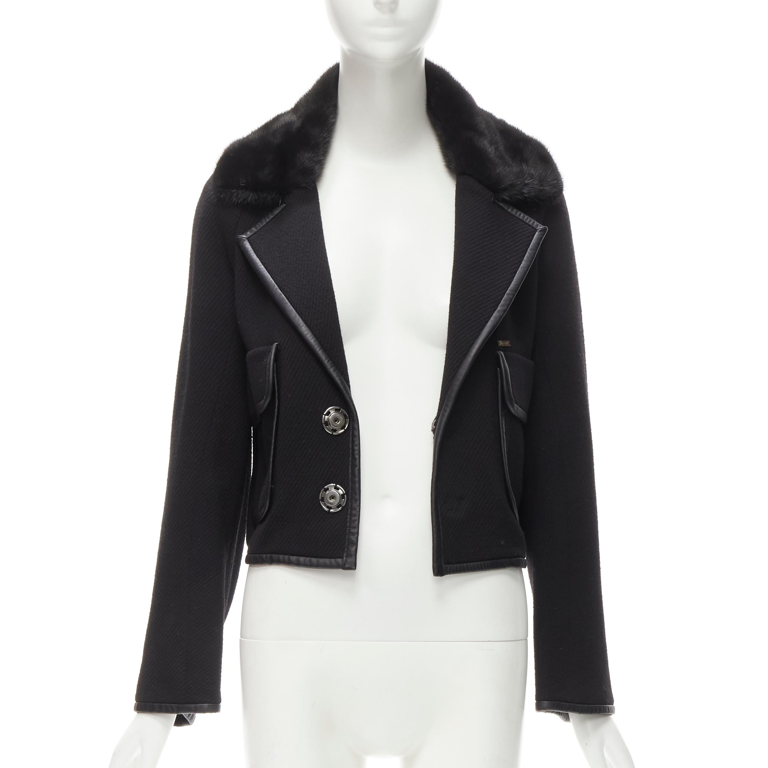 Noir DSQUARED 2013 - Veste en coton et laine avec col en fourrure de vison noir et bordures en cuir S en vente
