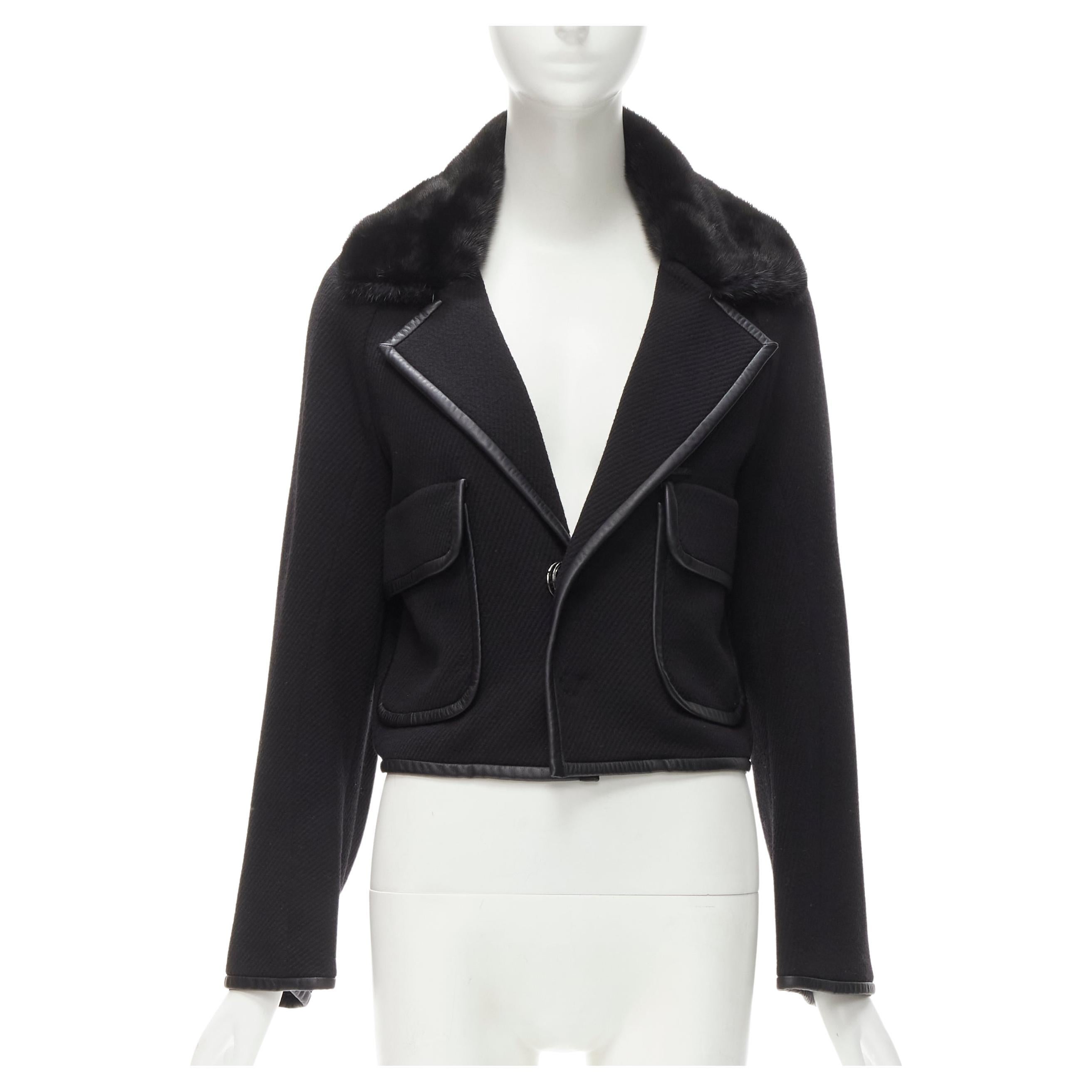 DSQUARED 2013 - Veste en coton et laine avec col en fourrure de vison noir et bordures en cuir S en vente