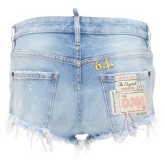 DSQUARED pantaloncini booty blu lavati e strappati con logo sfrangiato IT38 XS