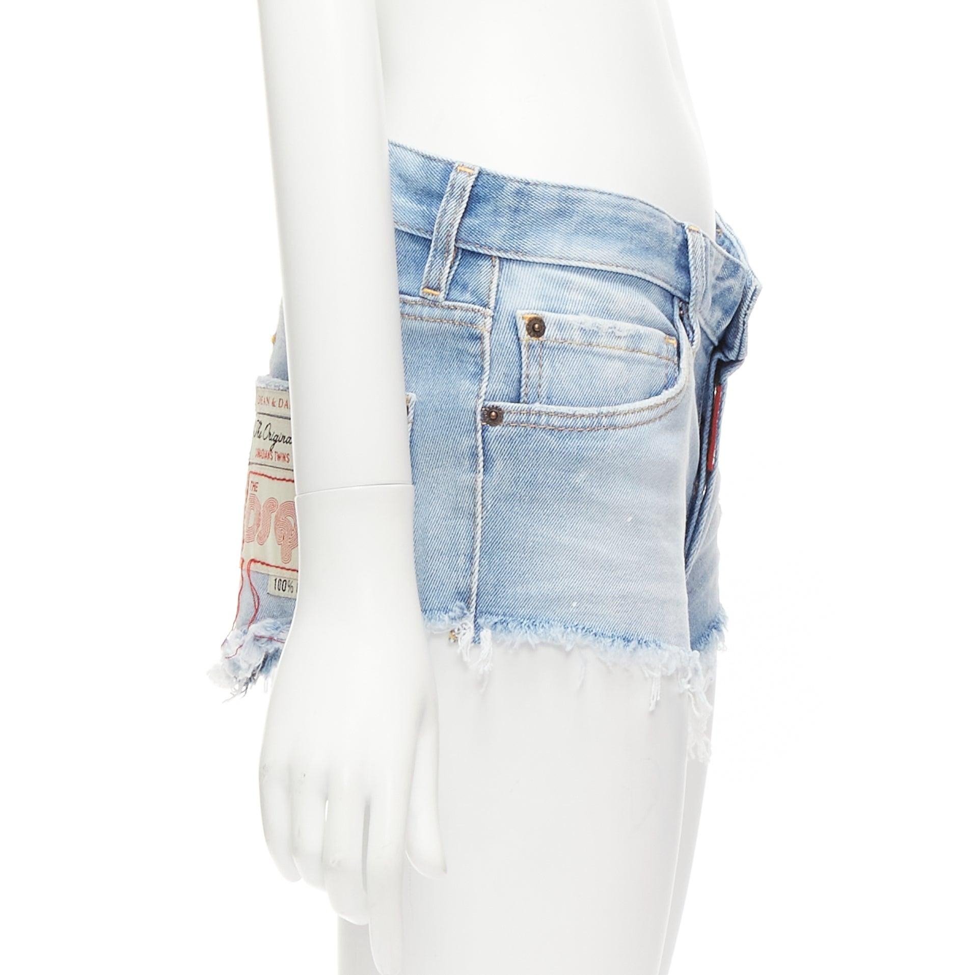 DSQUARED blue washed distressed logo patch frayed cut off booty shorts IT38 XS For Sale 1