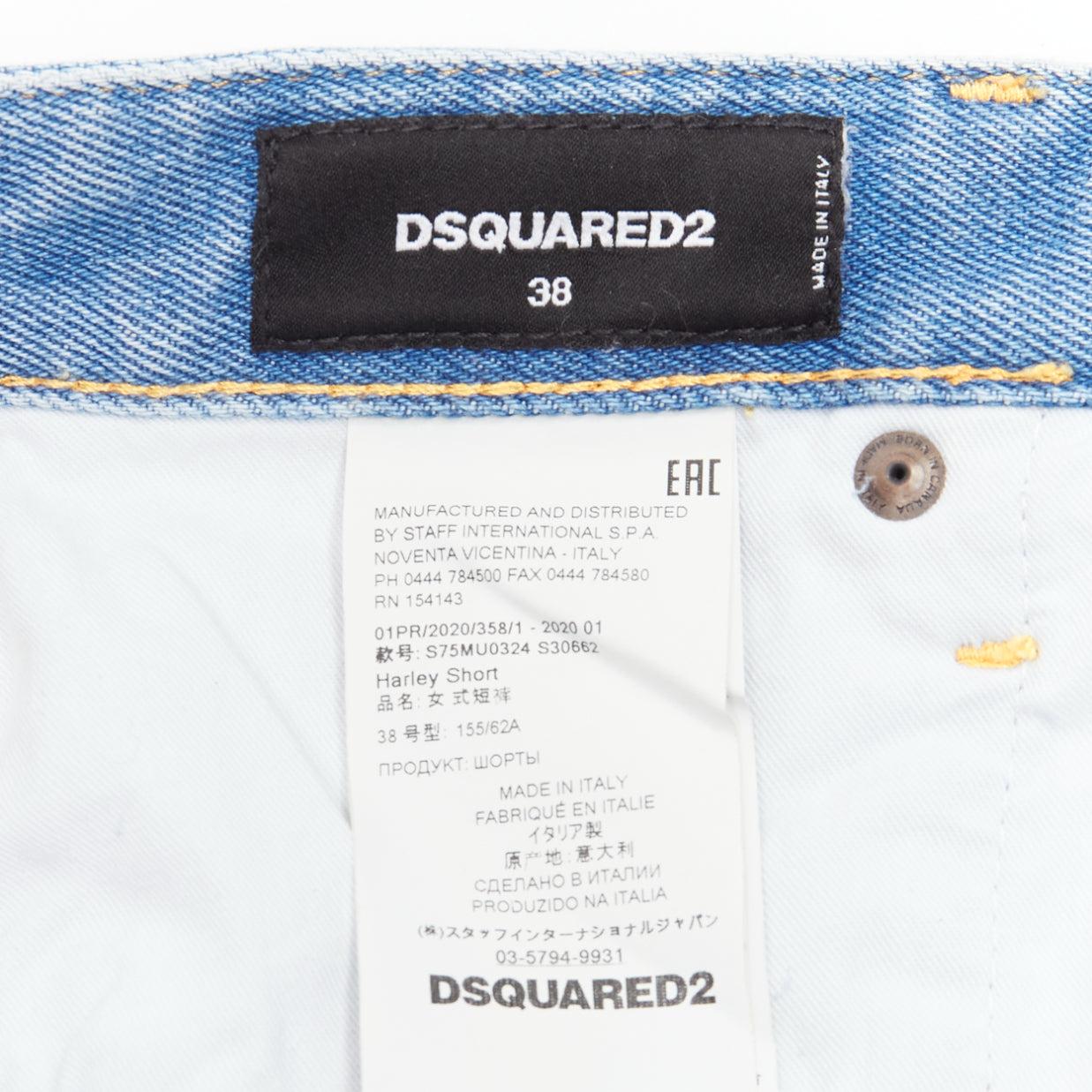 DSQUARED blue washed distressed logo patch frayed cut off booty shorts IT38 XS For Sale 4