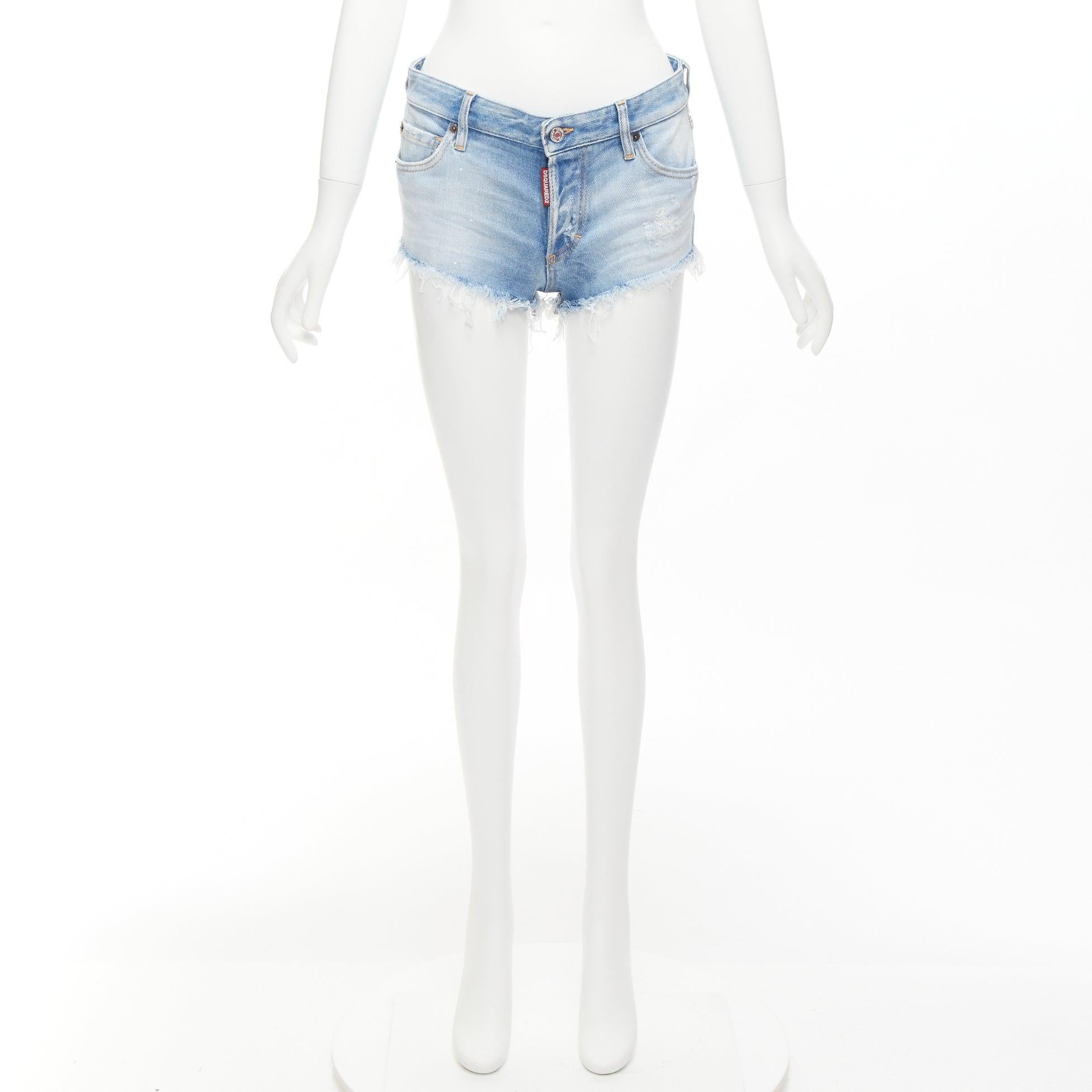 DSQUARED blue washed distressed logo patch frayed cut off booty shorts IT38 XS For Sale 5
