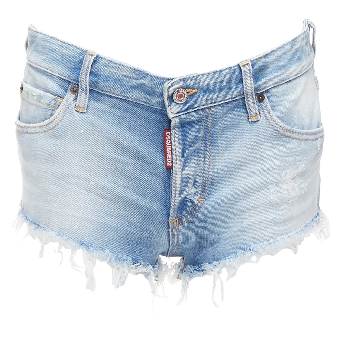 DSQUARED blue washed distressed logo patch frayed cut off booty shorts IT38 XS For Sale