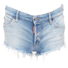 DSQUARED pantaloncini booty blu lavati e strappati con logo sfrangiato IT38 XS
