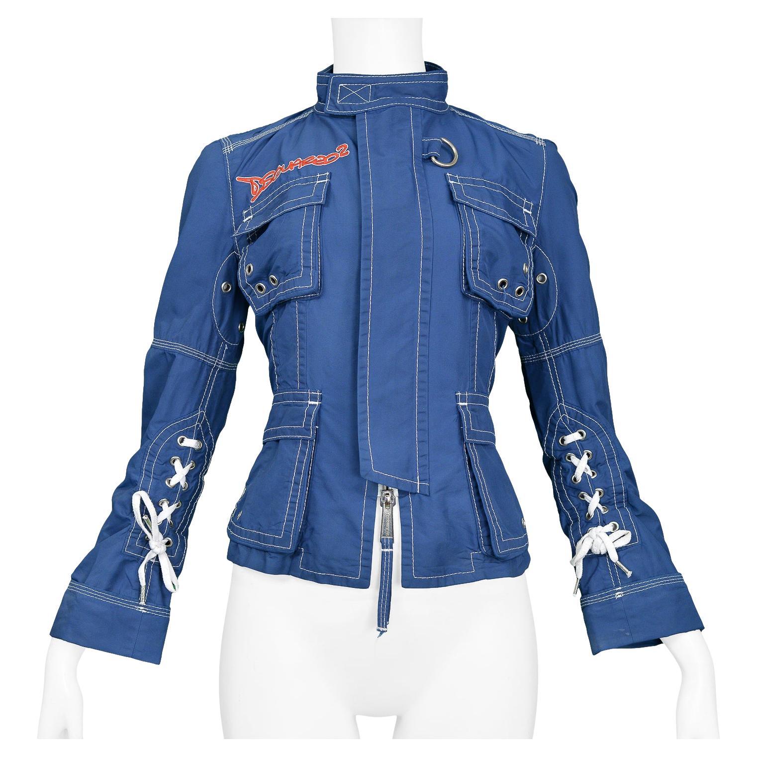 DSQUARED Blue & White Exposed Stitch Pocket Jacket For Sale