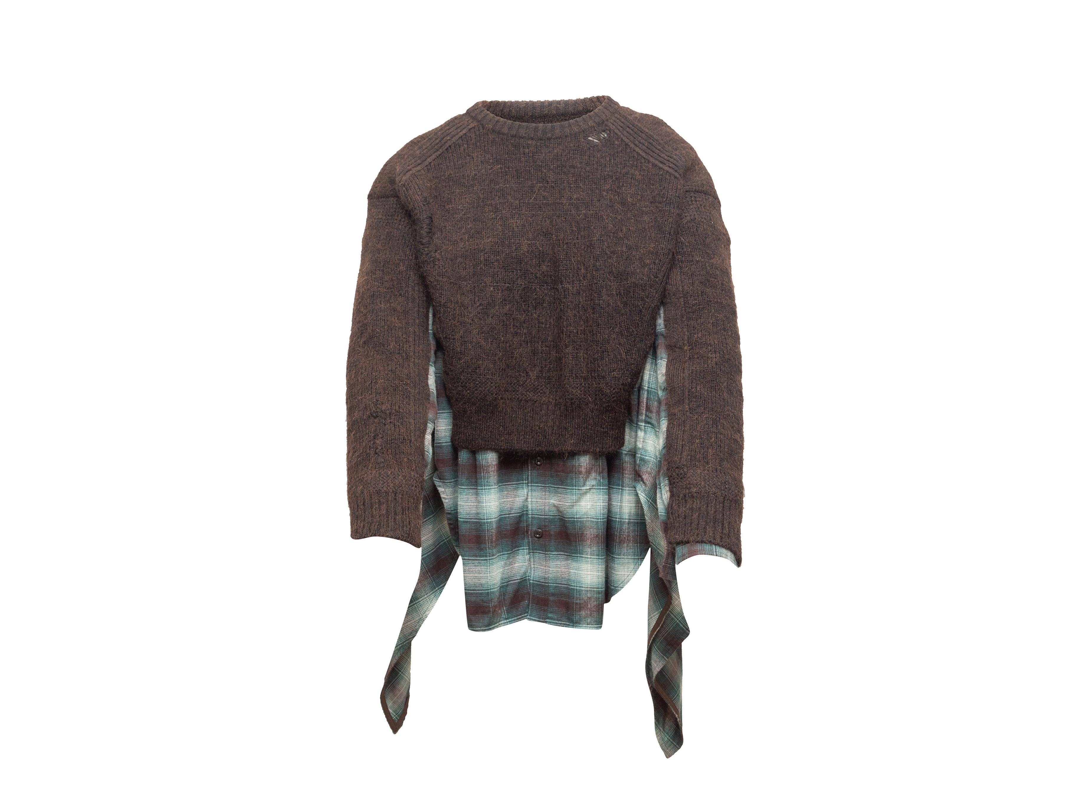 Product details: Brown, green, and white mohair-blend sweater by DSquared. Crew neckline. Plaid flannel underlay. 39
