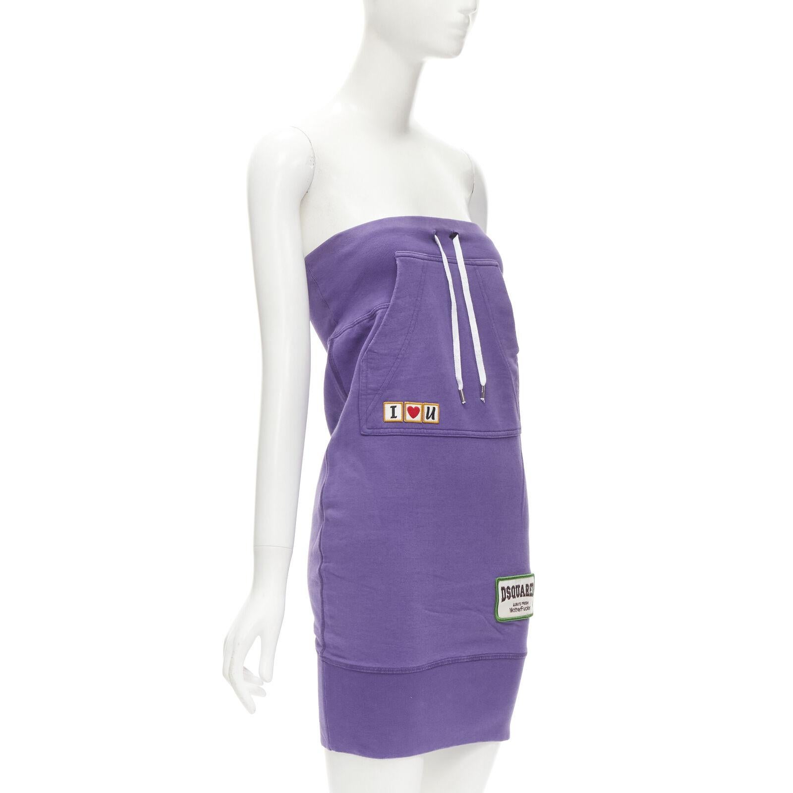 Robe sans bretelles DSQUARED Vintage Runway Y2K en coton violet I Love U MotherFker S Excellent état - En vente à Hong Kong, NT