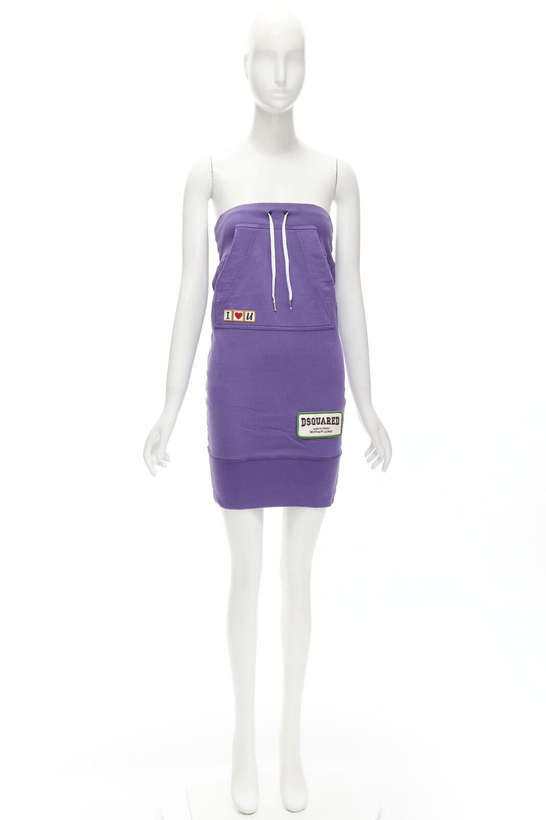 DSQUARED Vintage Runway Y2K purple cotton I Love U MotherFker strapless dress S For Sale 4
