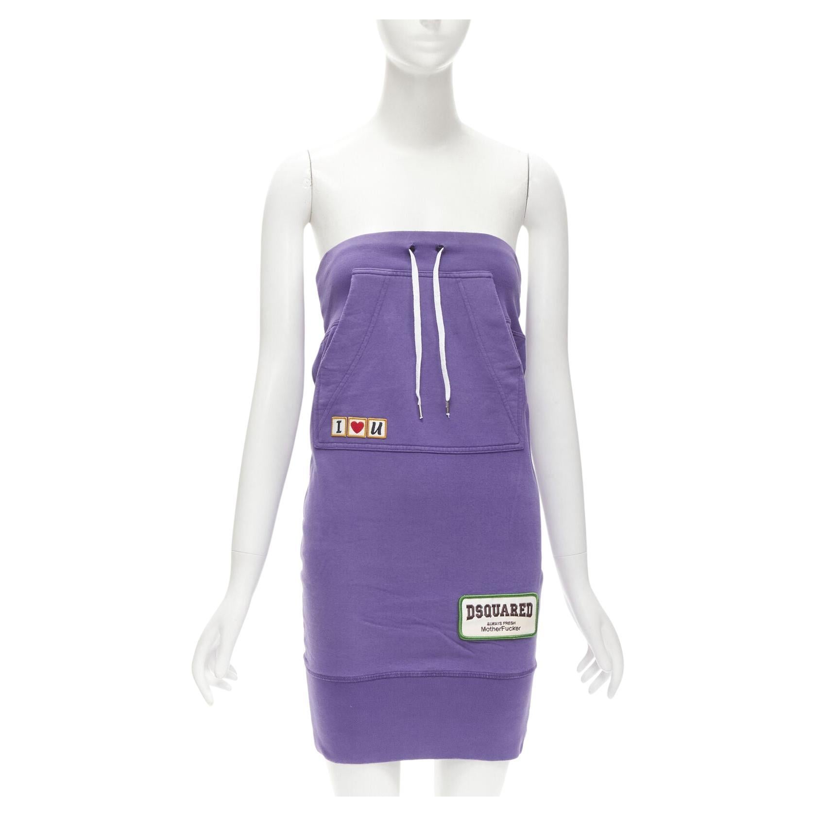 DSQUARED Vintage Runway Y2K purple cotton I Love U MotherFker strapless dress S For Sale