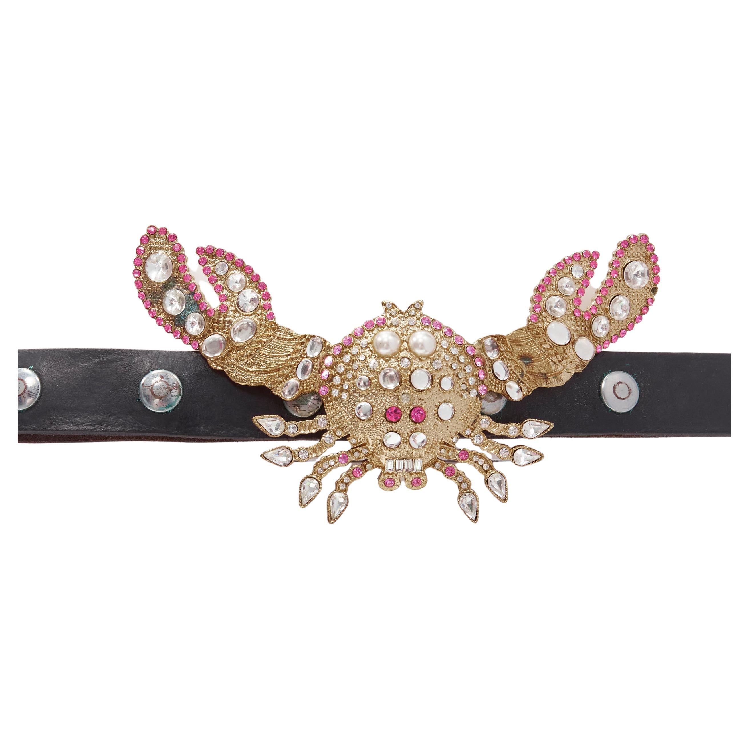 DSQUARED2 2005 Runway gold pink crystal embellsihed crab black leather belt For Sale