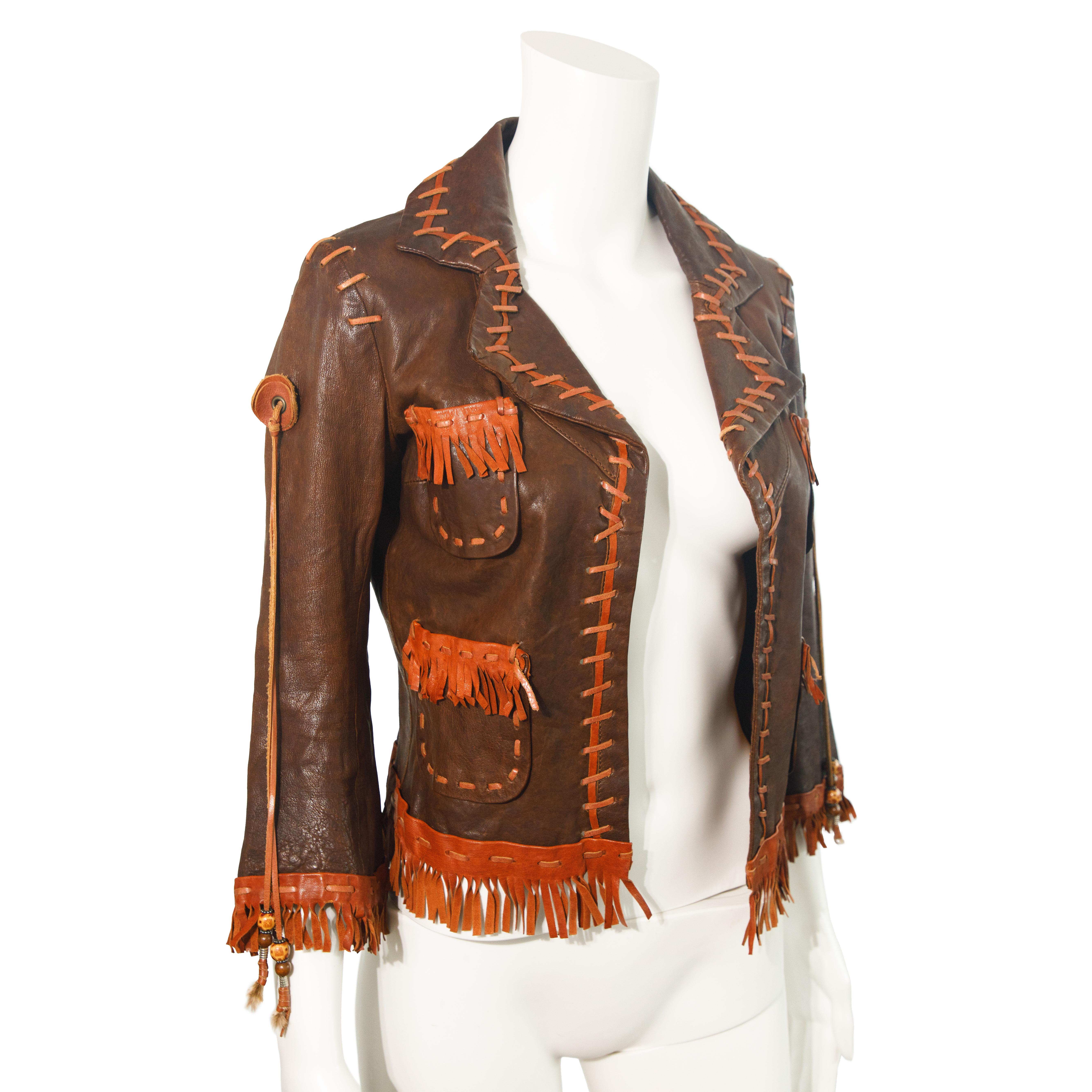 Marron Dsquared2 2005 Runway Veste à franges en cuir taille 40 en vente