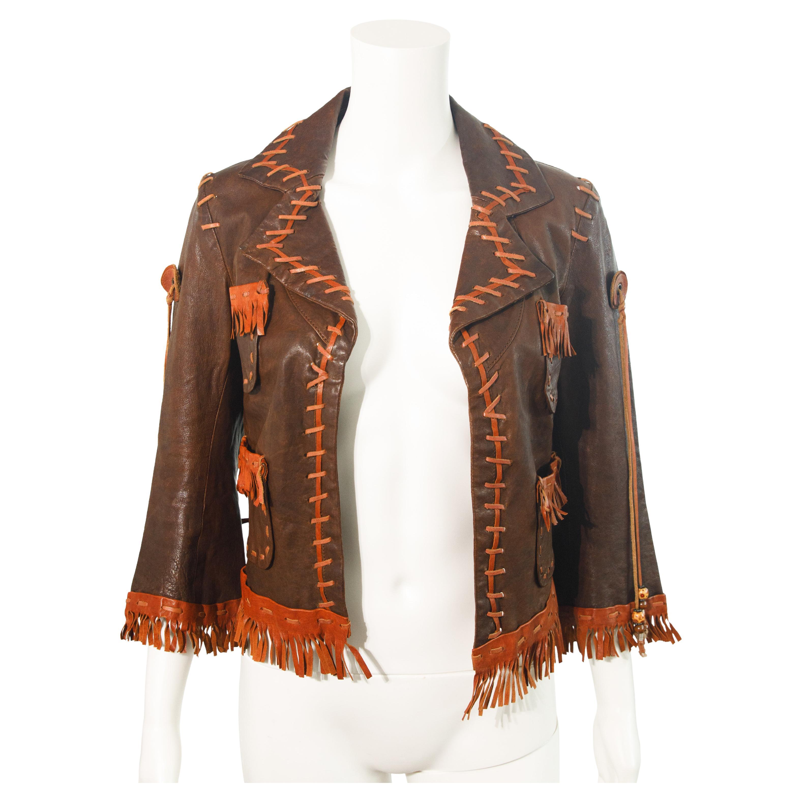 Dsquared2 2005 Runway Veste à franges en cuir taille 40 en vente