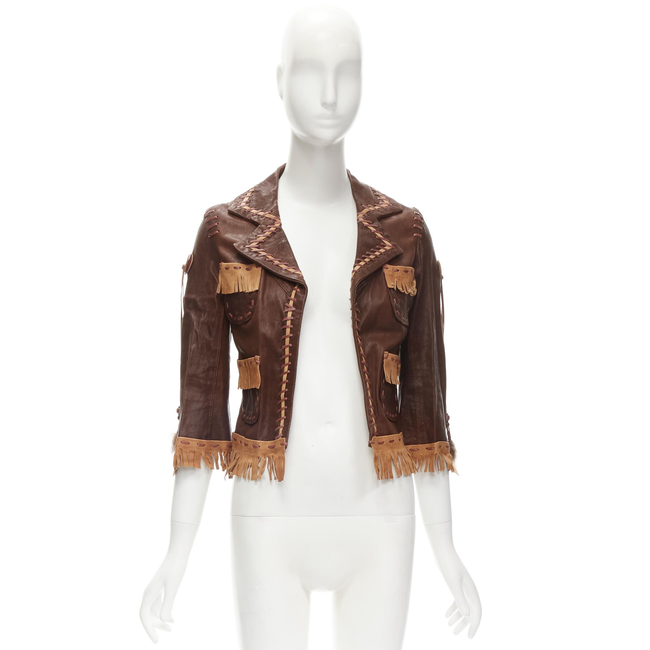 DSQUARED2 2005 Vintage Native American brown leather fringe leather jacket IT38 3