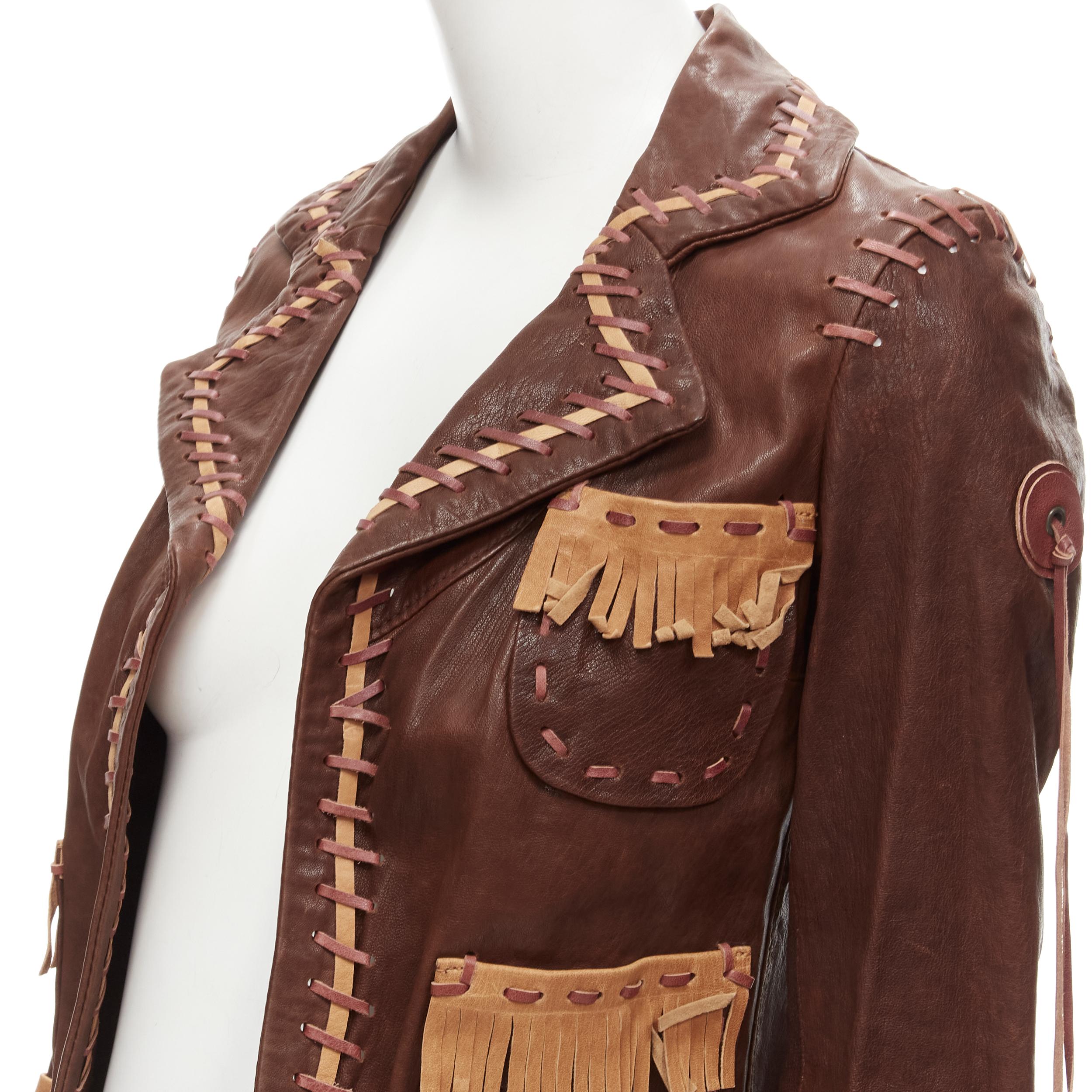 DSQUARED2 2005 Vintage Native American brown leather fringe leather jacket IT38
Brand: Dsquared2
Collection: 2005 Runway
Material: Leather
Color: Brown
Pattern: Solid
Extra Detail: Native American inspired. Brown leather with whipstitch detailing.