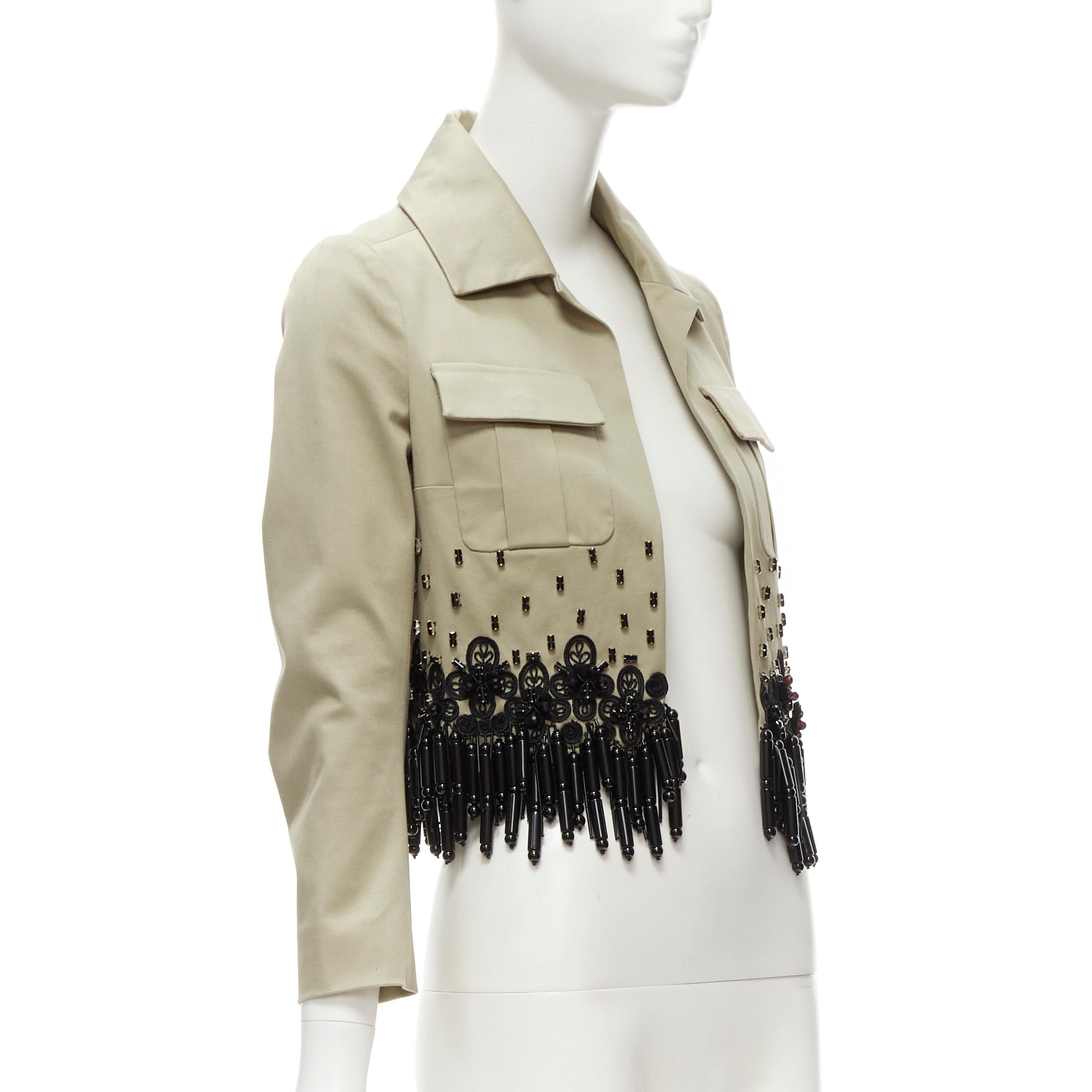Beige DSQUARED2 2015 black bead tassels khaki military cargo cropped jacket IT38 XS For Sale