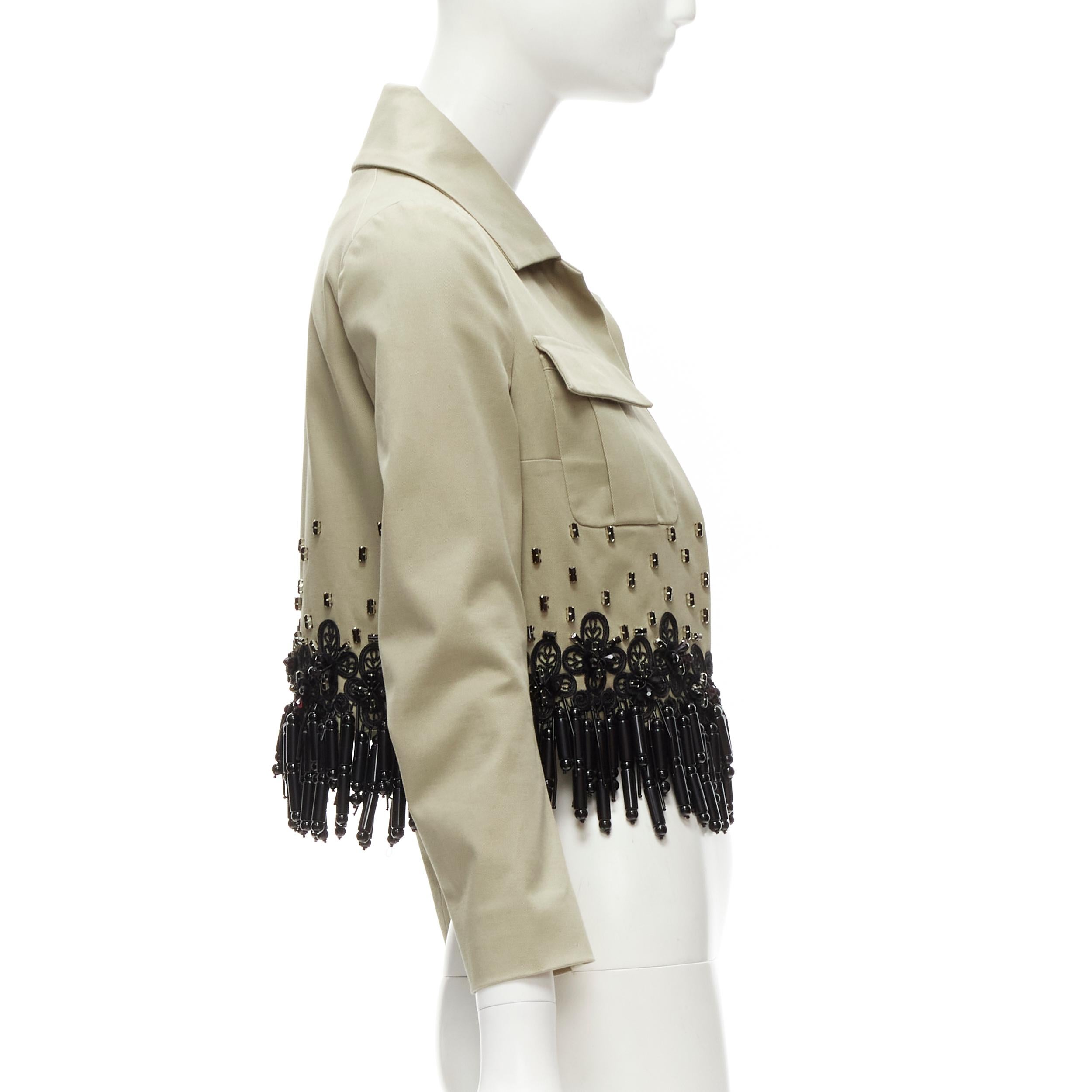 Women's DSQUARED2 2015 black bead tassels khaki military cargo cropped jacket IT38 XS For Sale