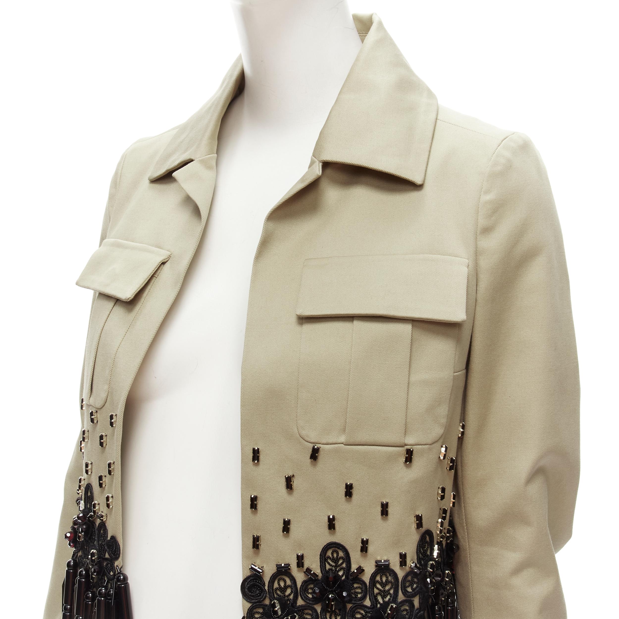 DSQUARED2 2015 black bead tassels khaki military cargo cropped jacket IT38 XS For Sale 2