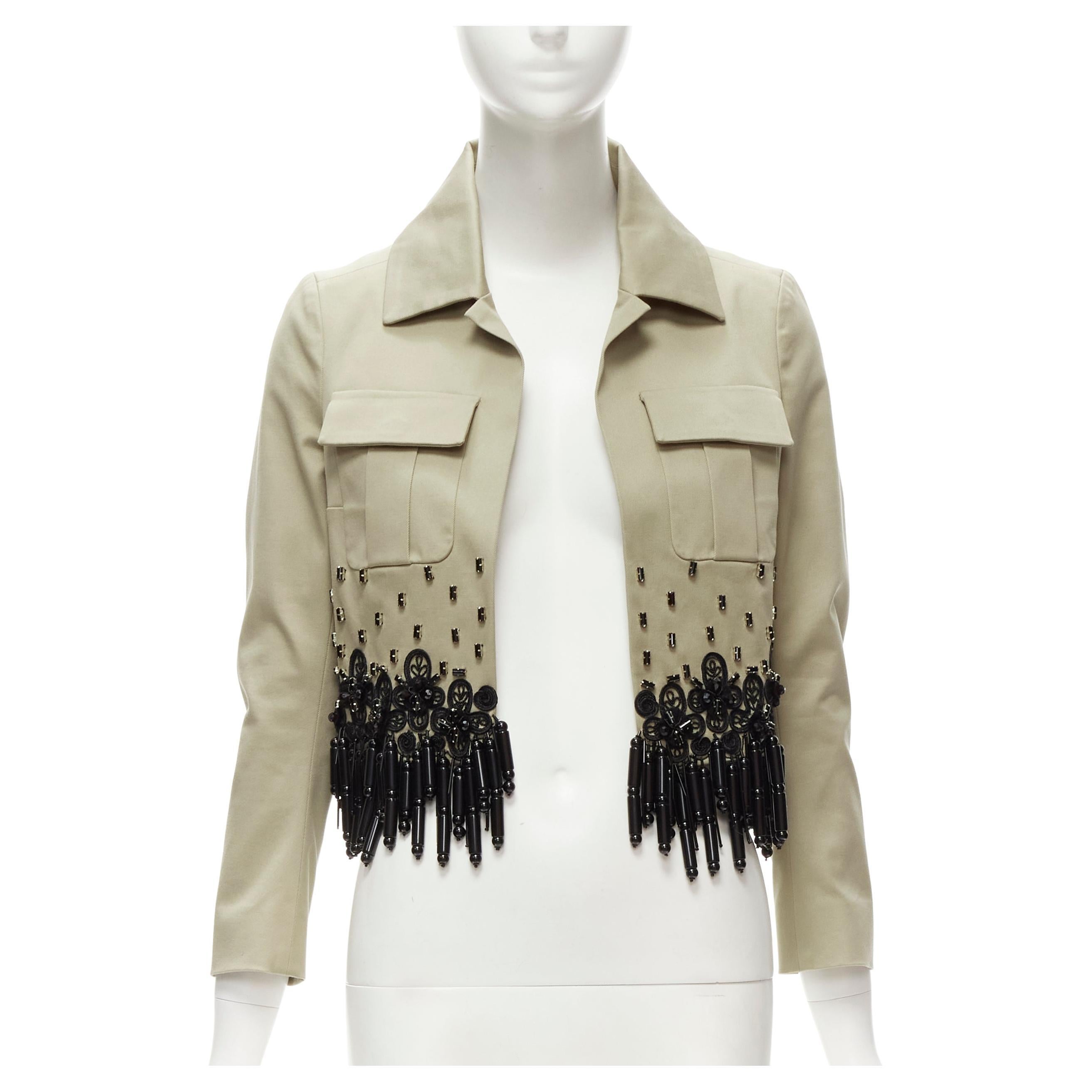 DSQUARED2 2015 black bead tassels khaki military cargo cropped jacket IT38 XS For Sale