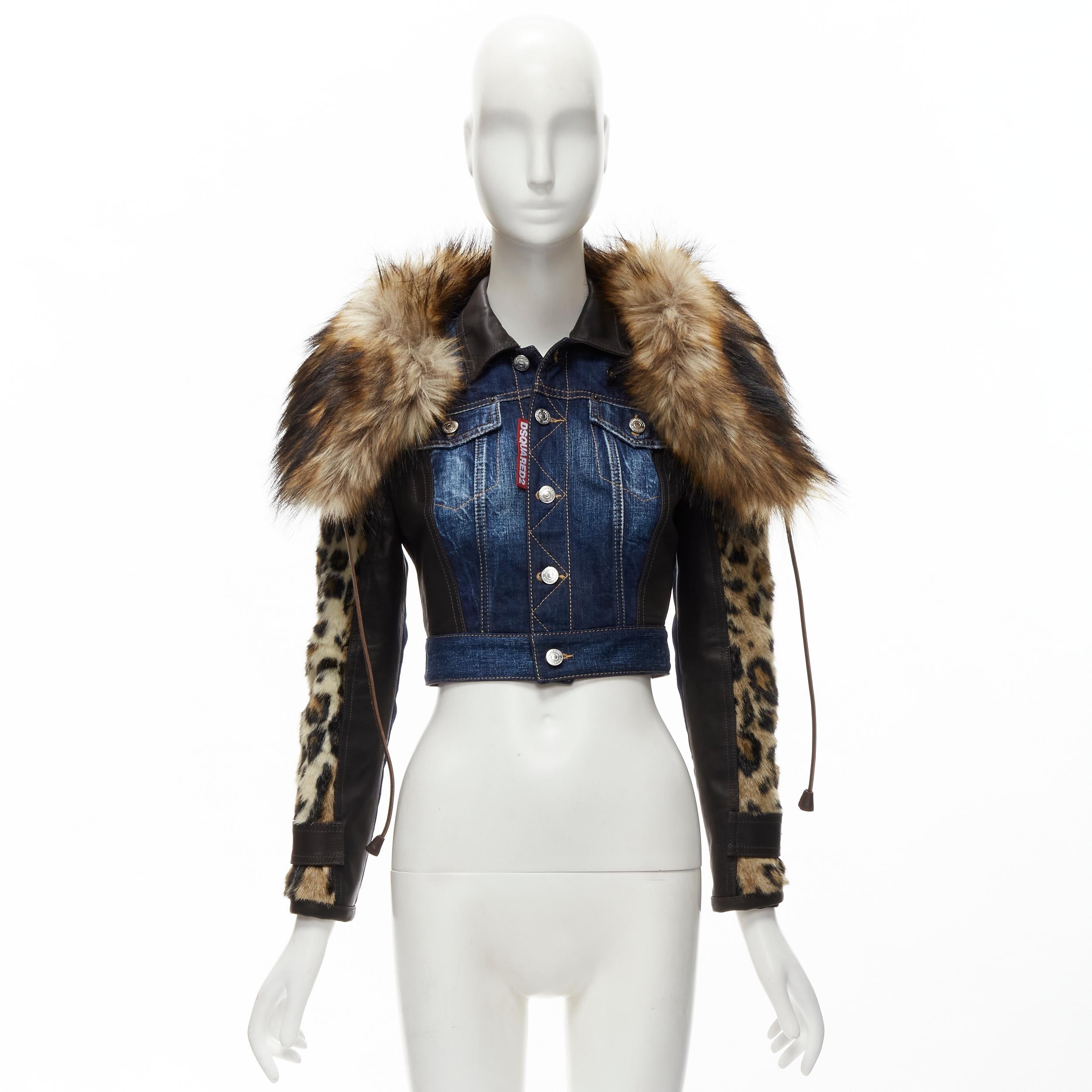 DSQUARED2 2020 detachable fur collar leopard sleeve cropped denim jacket IT38 XS 6