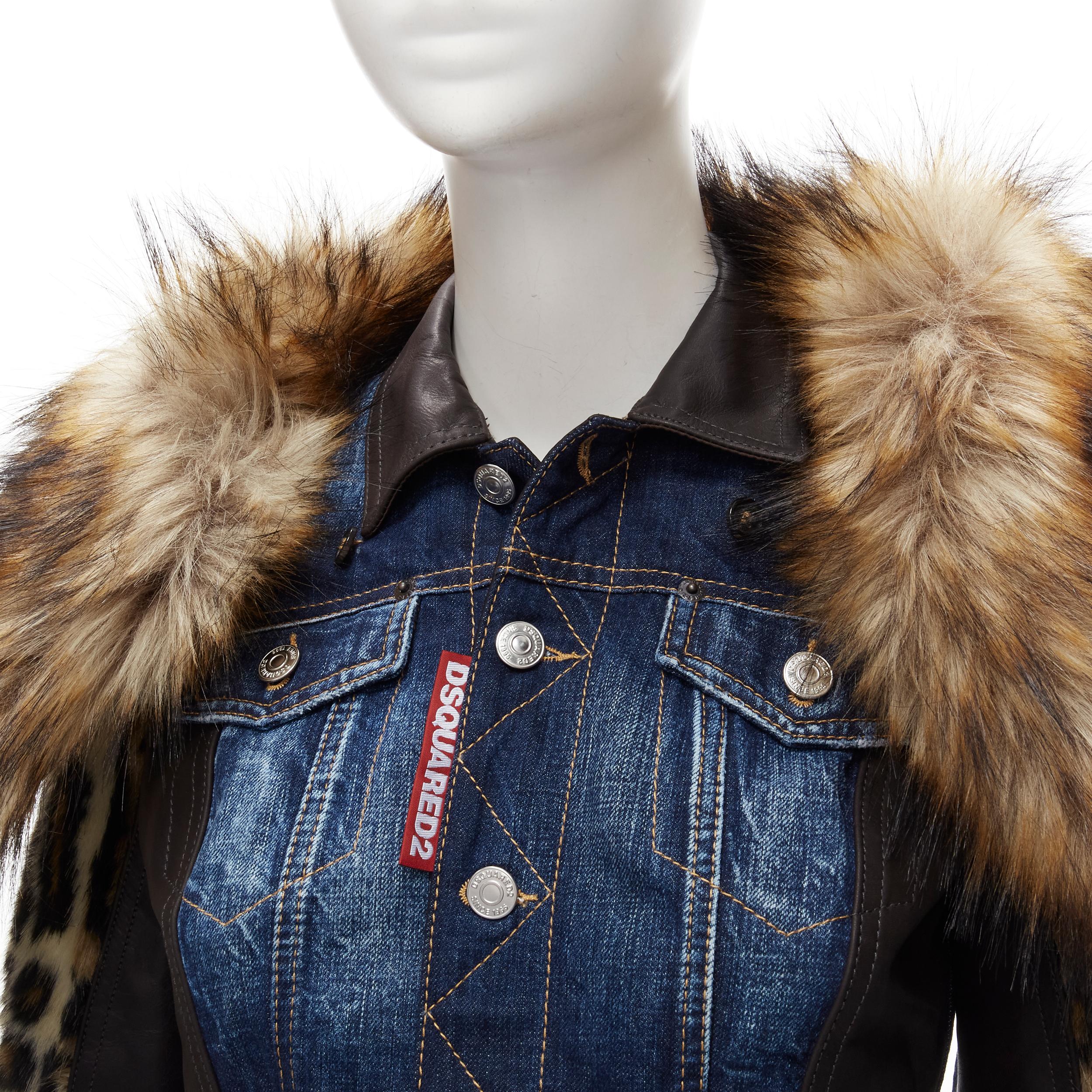 DSQUARED2 2020 detachable fur collar leopard sleeve cropped denim jacket IT38 XS
Brand: Dsquared2
Collection: Fall Winter 2020 
Material: Denim
Color: Blue
Pattern: Solid
Closure: Button
Extra Detail: Blue denim upper. Overstitching detail. Black