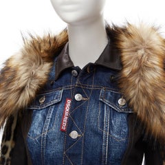 DSQUARED2 2020 detachable fur collar leopard sleeve cropped denim jacket IT38 XS