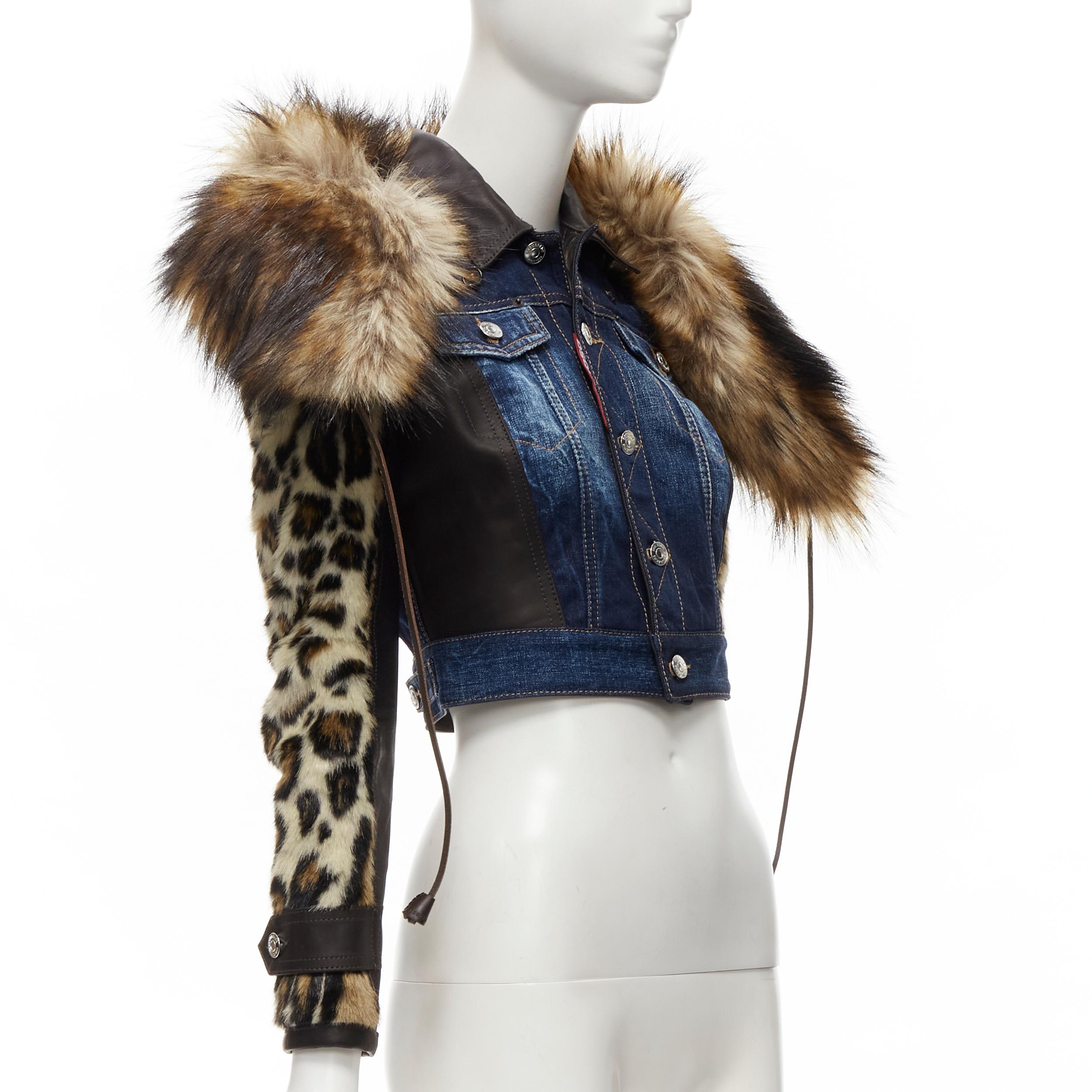 DSQUARED2 2020 detachable fur collar leopard sleeve cropped denim jacket IT38 XS In Excellent Condition In Hong Kong, NT