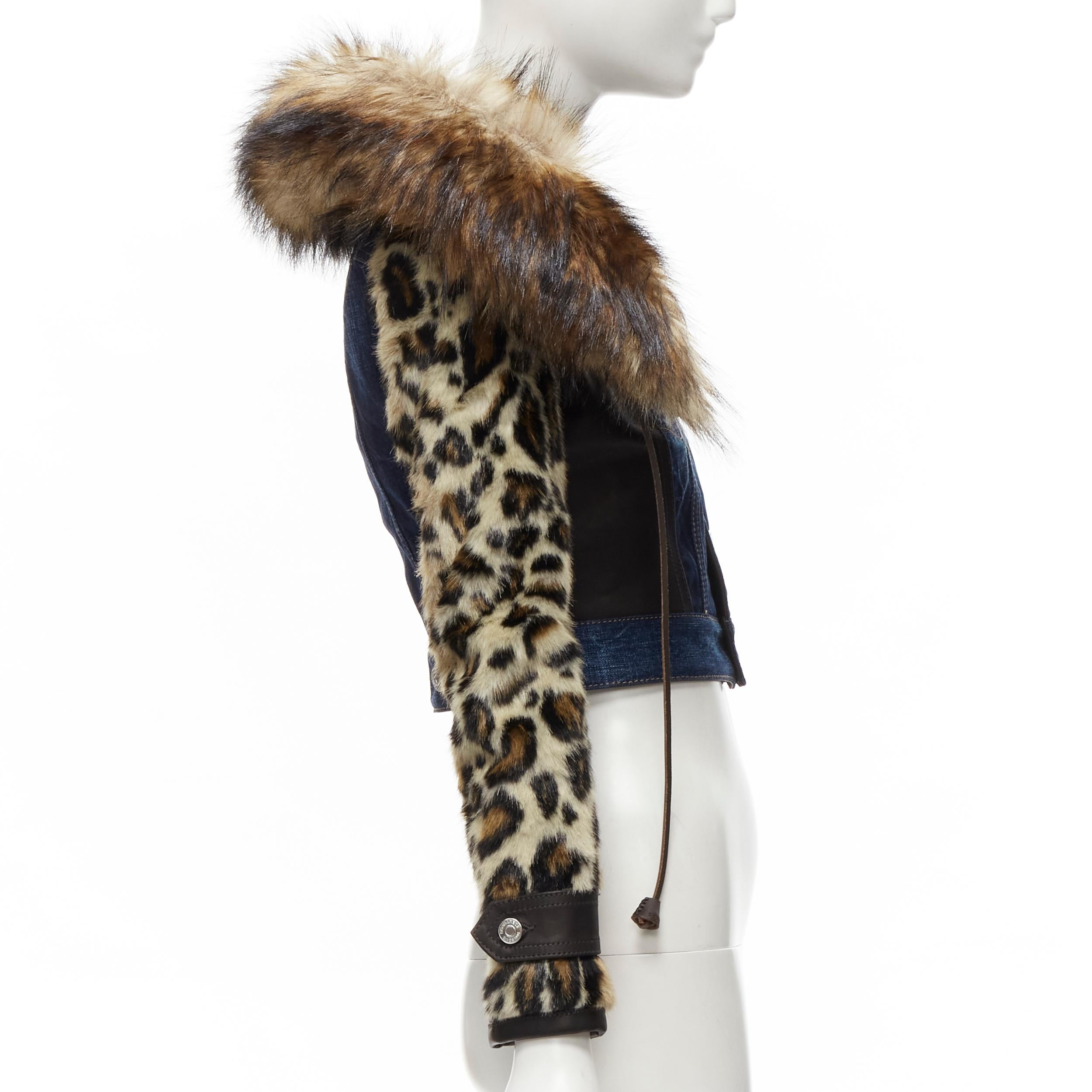 Women's DSQUARED2 2020 detachable fur collar leopard sleeve cropped denim jacket IT38 XS