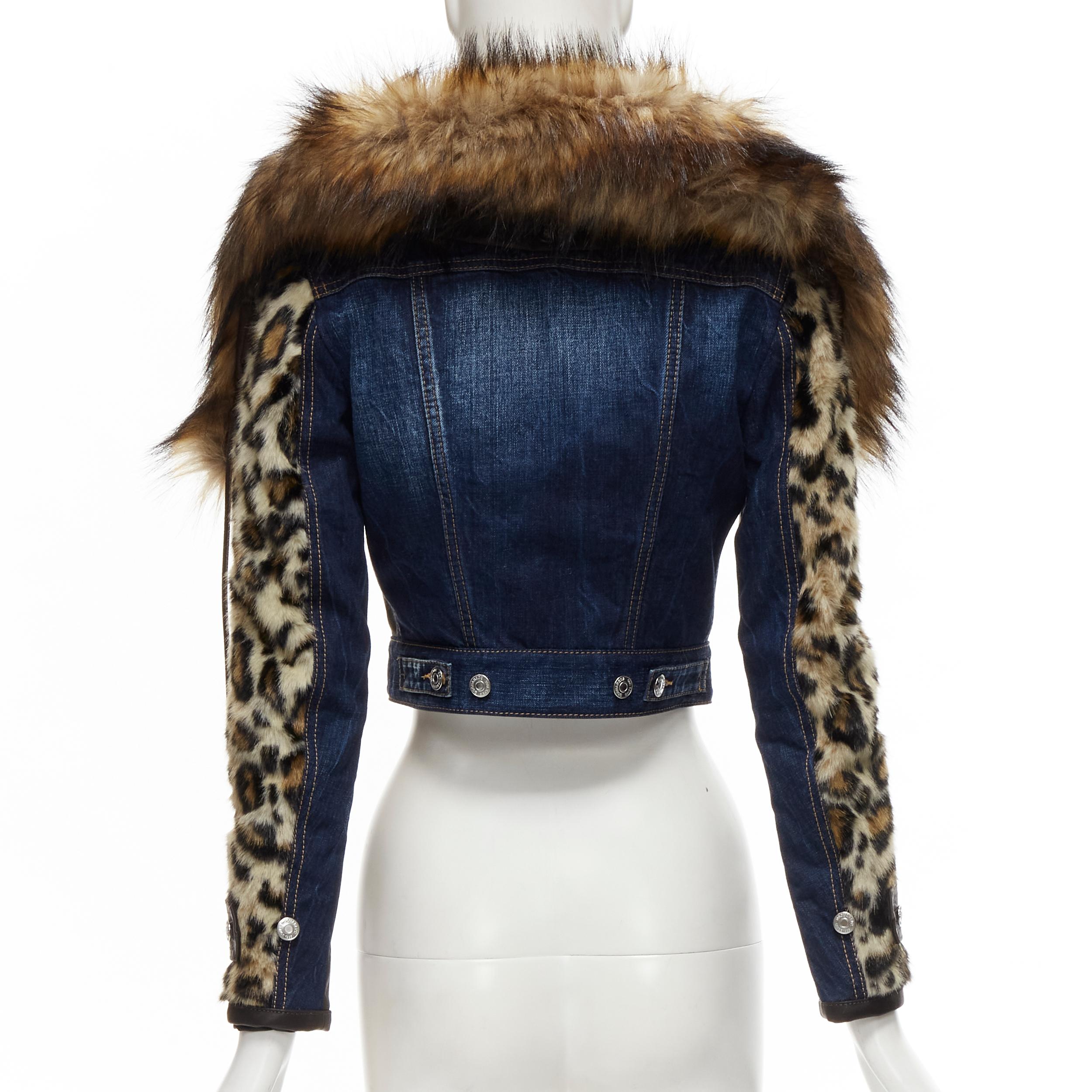 DSQUARED2 2020 detachable fur collar leopard sleeve cropped denim jacket IT38 XS 1