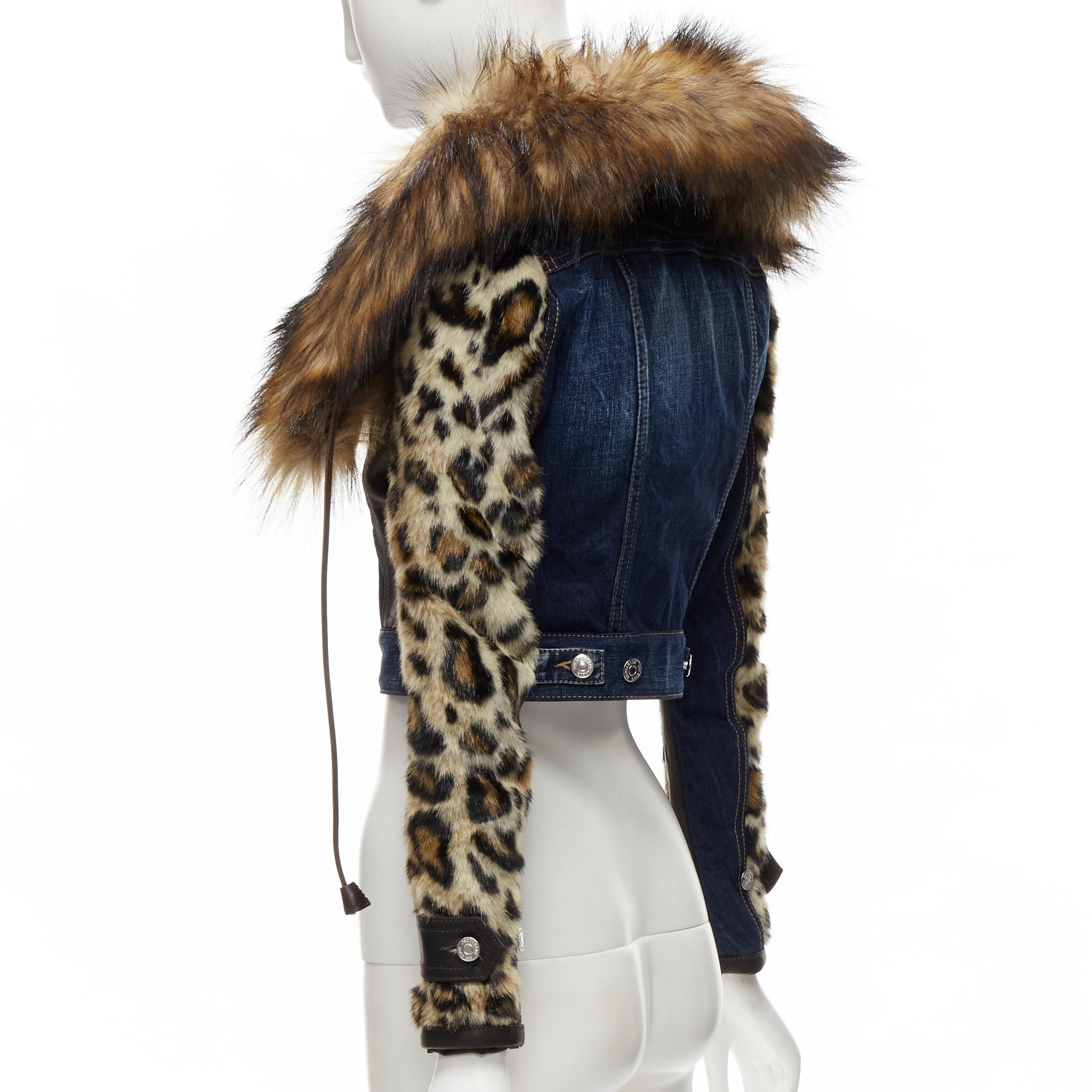 DSQUARED2 2020 detachable fur collar leopard sleeve cropped denim jacket IT38 XS 2