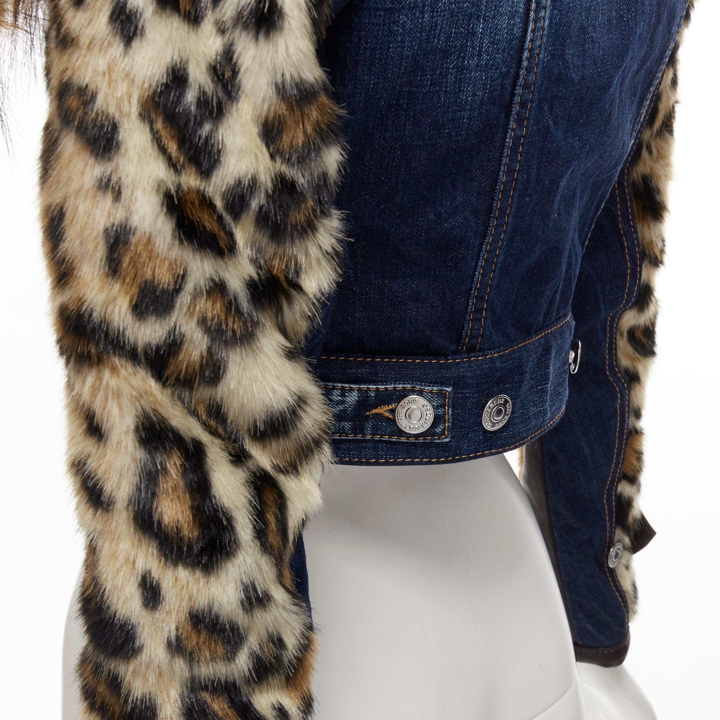 DSQUARED2 2020 detachable fur collar leopard sleeve cropped denim jacket IT38 XS 3